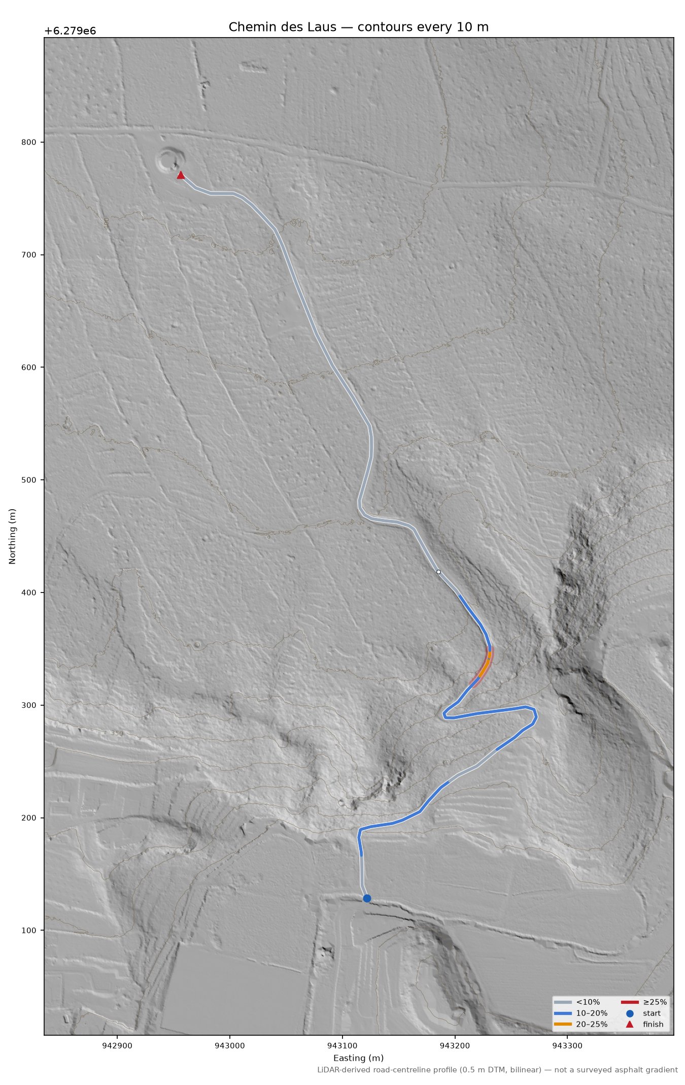 Chemin des Laus LiDAR hillshade map with contours