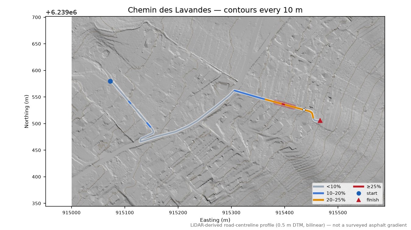 Chemin des Lavandes LiDAR hillshade map with contours
