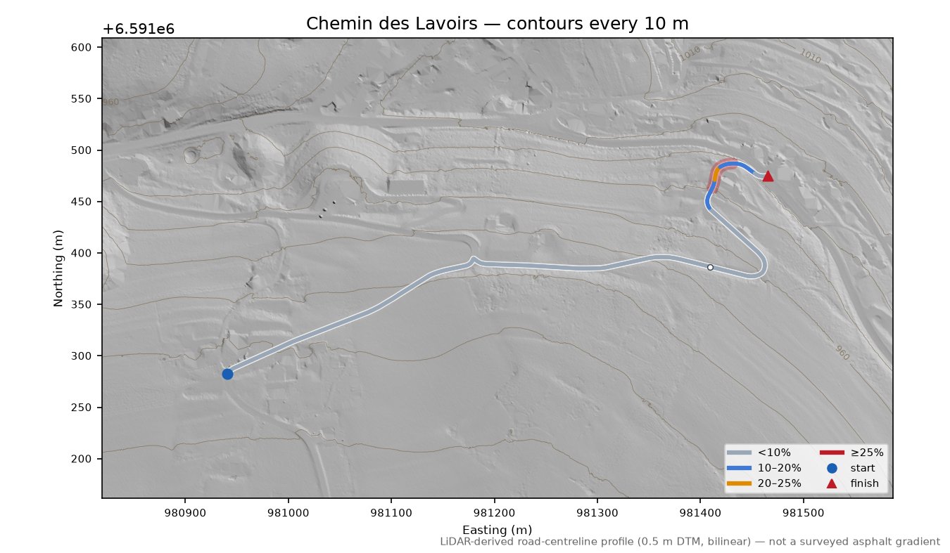 Chemin des Lavoirs LiDAR hillshade map with contours