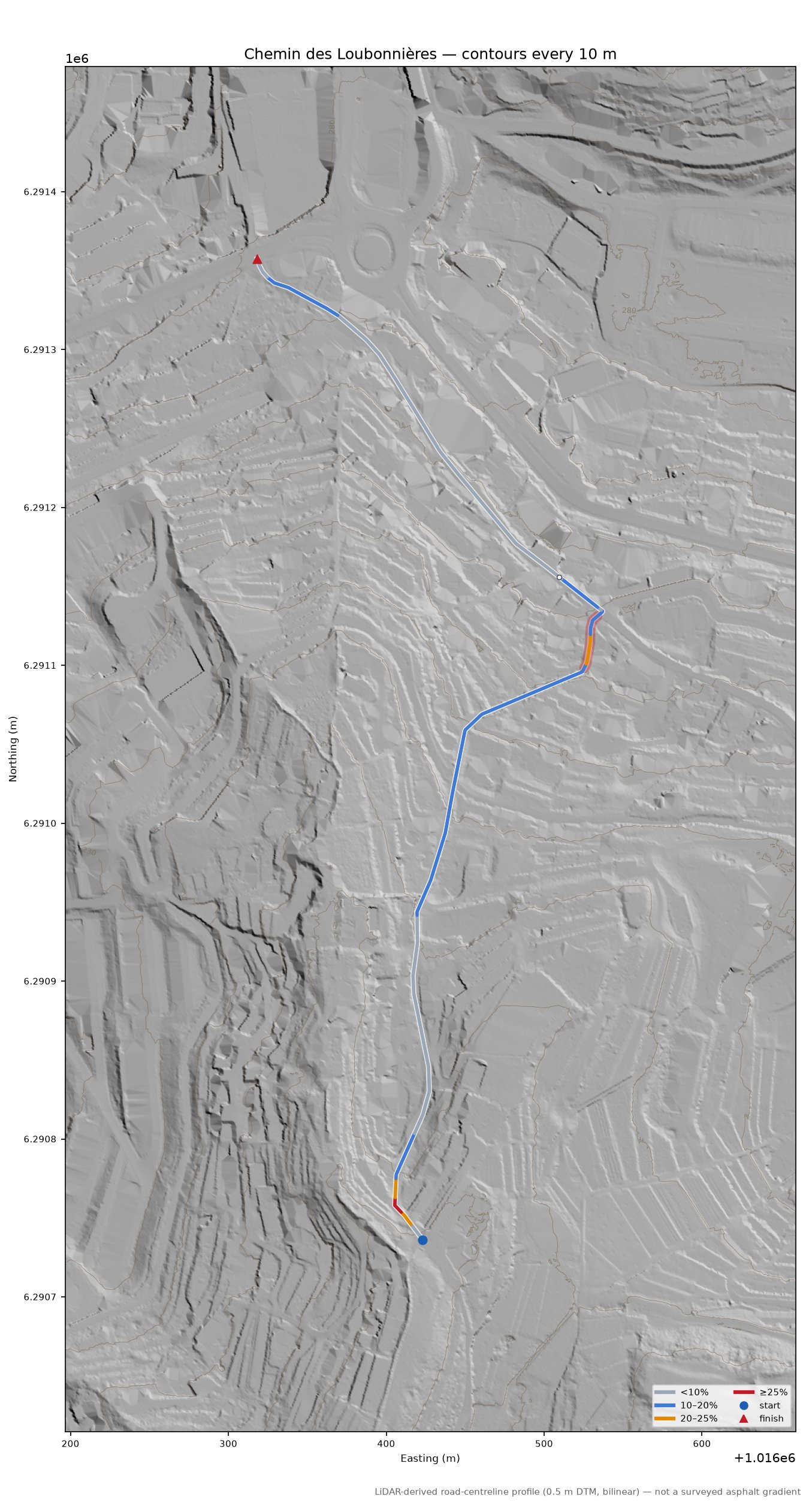 Chemin des Loubonnières LiDAR hillshade map with contours