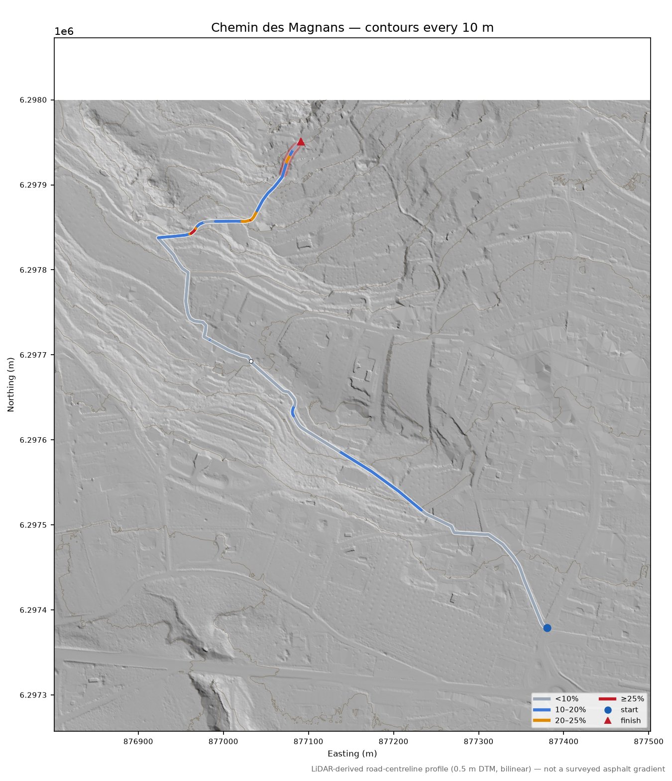 Chemin des Magnans LiDAR hillshade map with contours