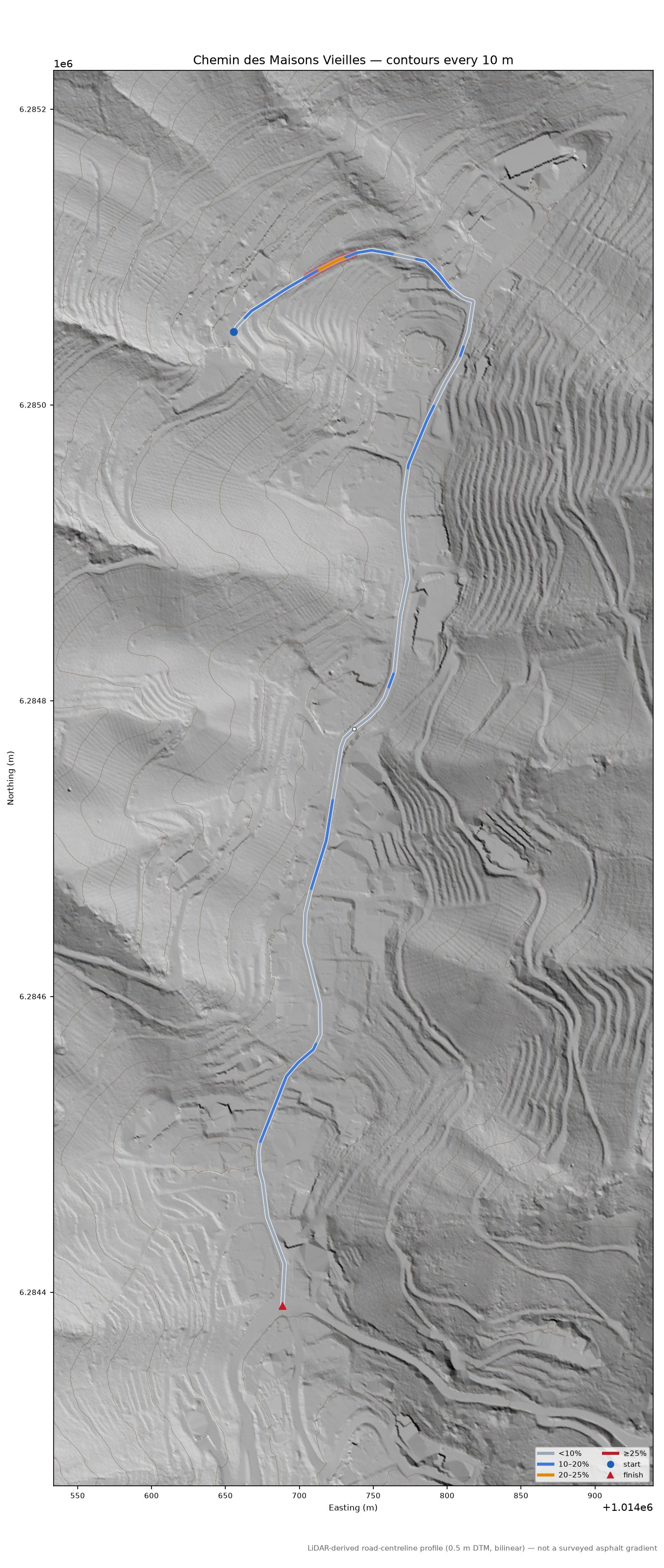Chemin des Maisons Vieilles LiDAR hillshade map with contours