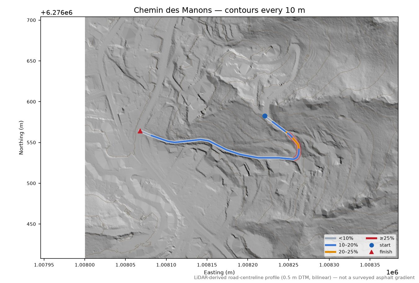 Chemin des Manons LiDAR hillshade map with contours