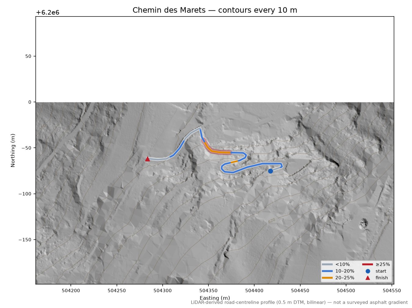 Chemin des Marets LiDAR hillshade map with contours