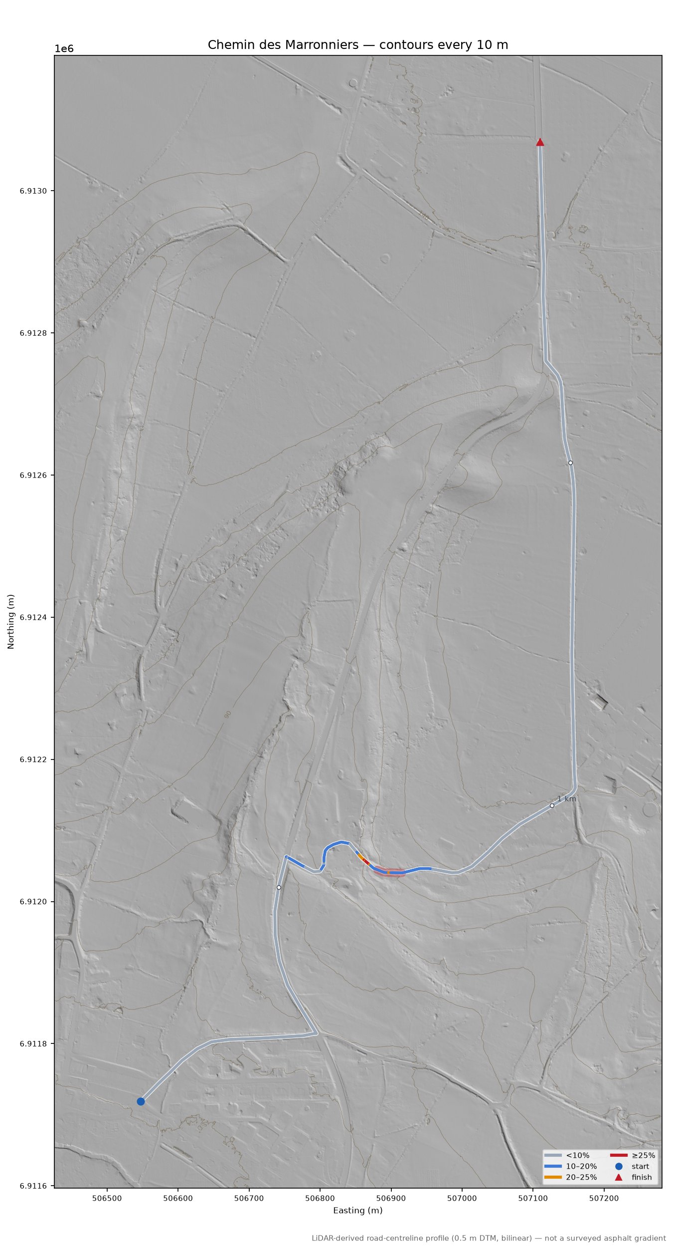 Chemin des Marronniers LiDAR hillshade map with contours