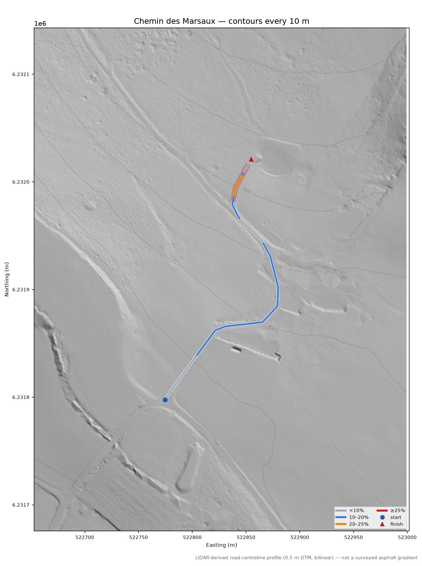 Chemin des Marsaux LiDAR hillshade map with contours