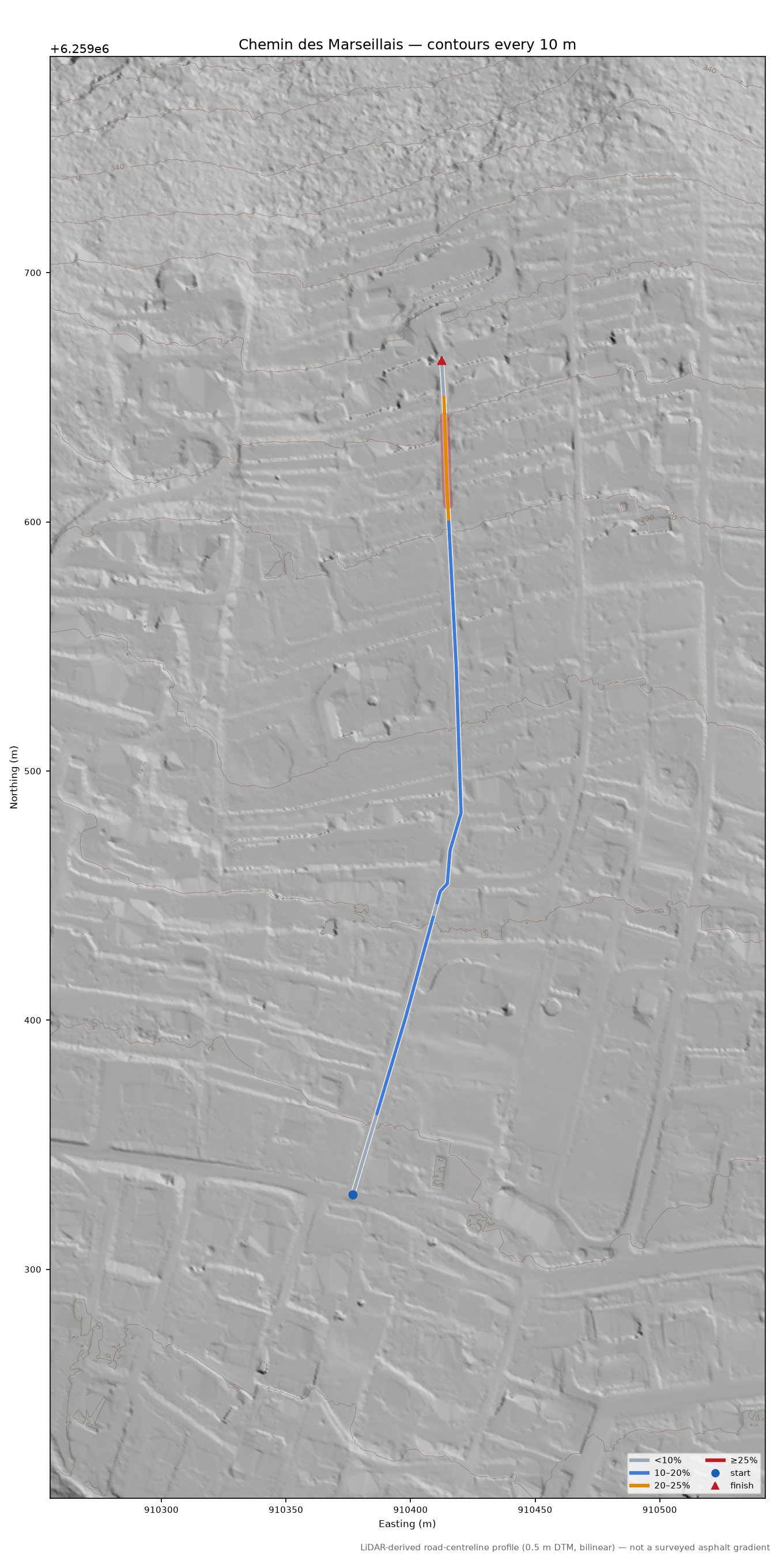 Chemin des Marseillais LiDAR hillshade map with contours