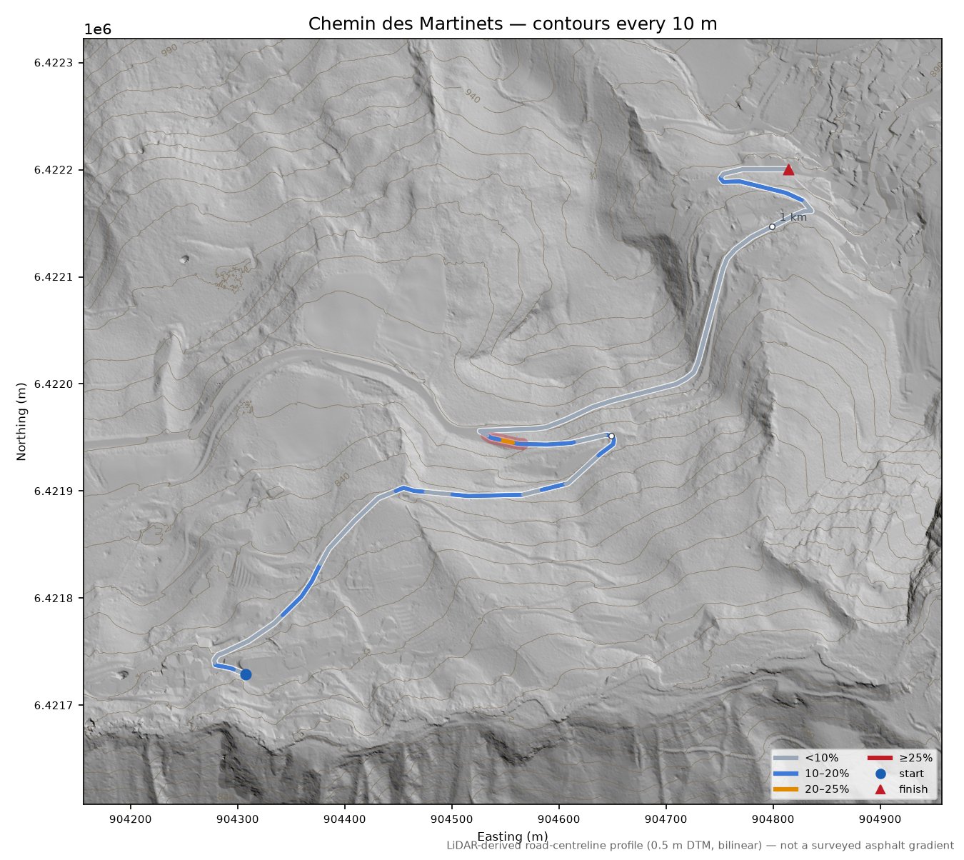 Chemin des Martinets LiDAR hillshade map with contours