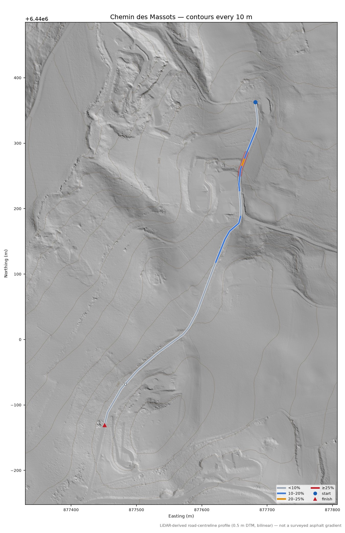 Chemin des Massots LiDAR hillshade map with contours