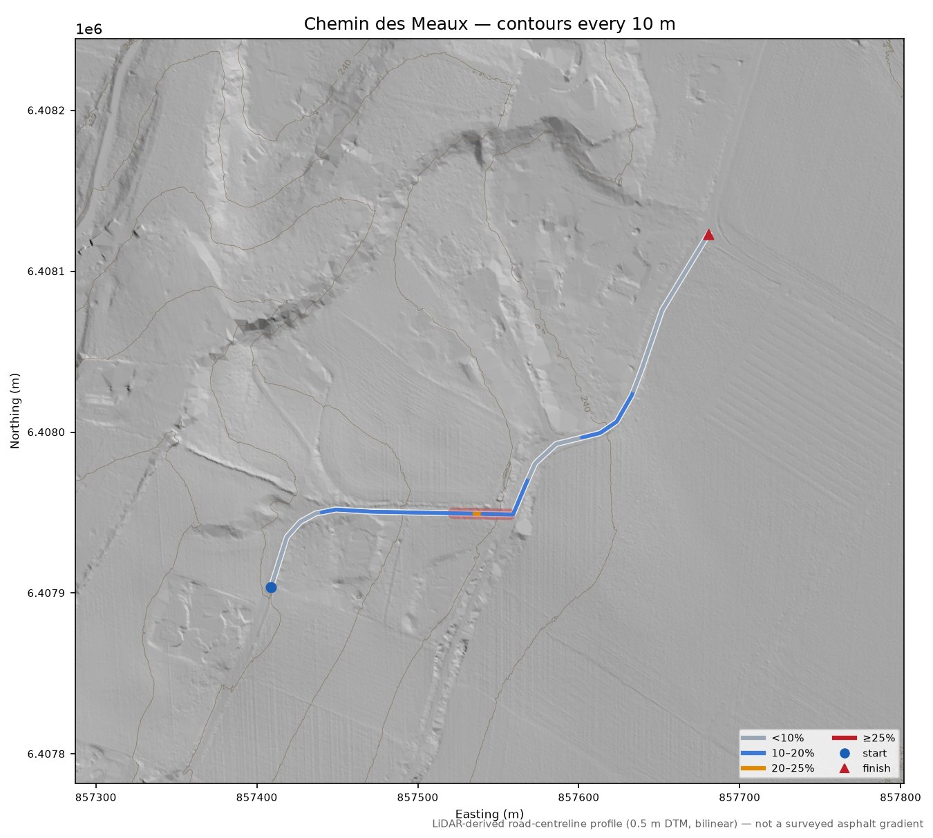 Chemin des Meaux LiDAR hillshade map with contours