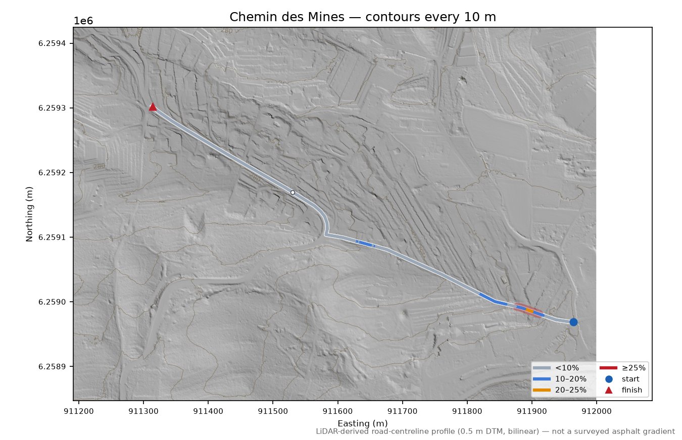 Chemin des Mines LiDAR hillshade map with contours