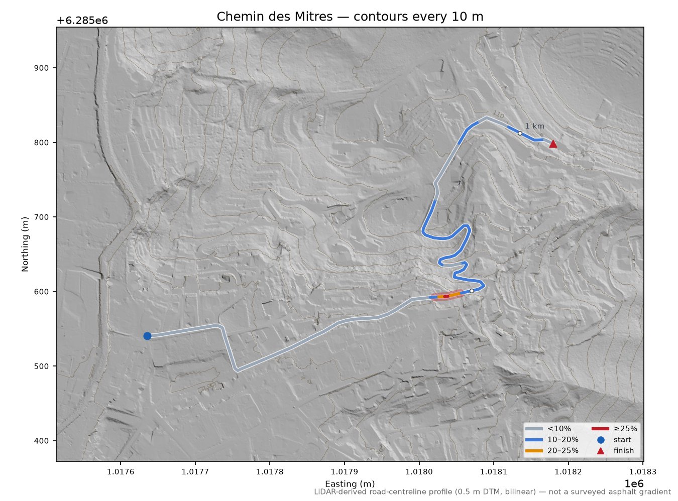 Chemin des Mitres LiDAR hillshade map with contours