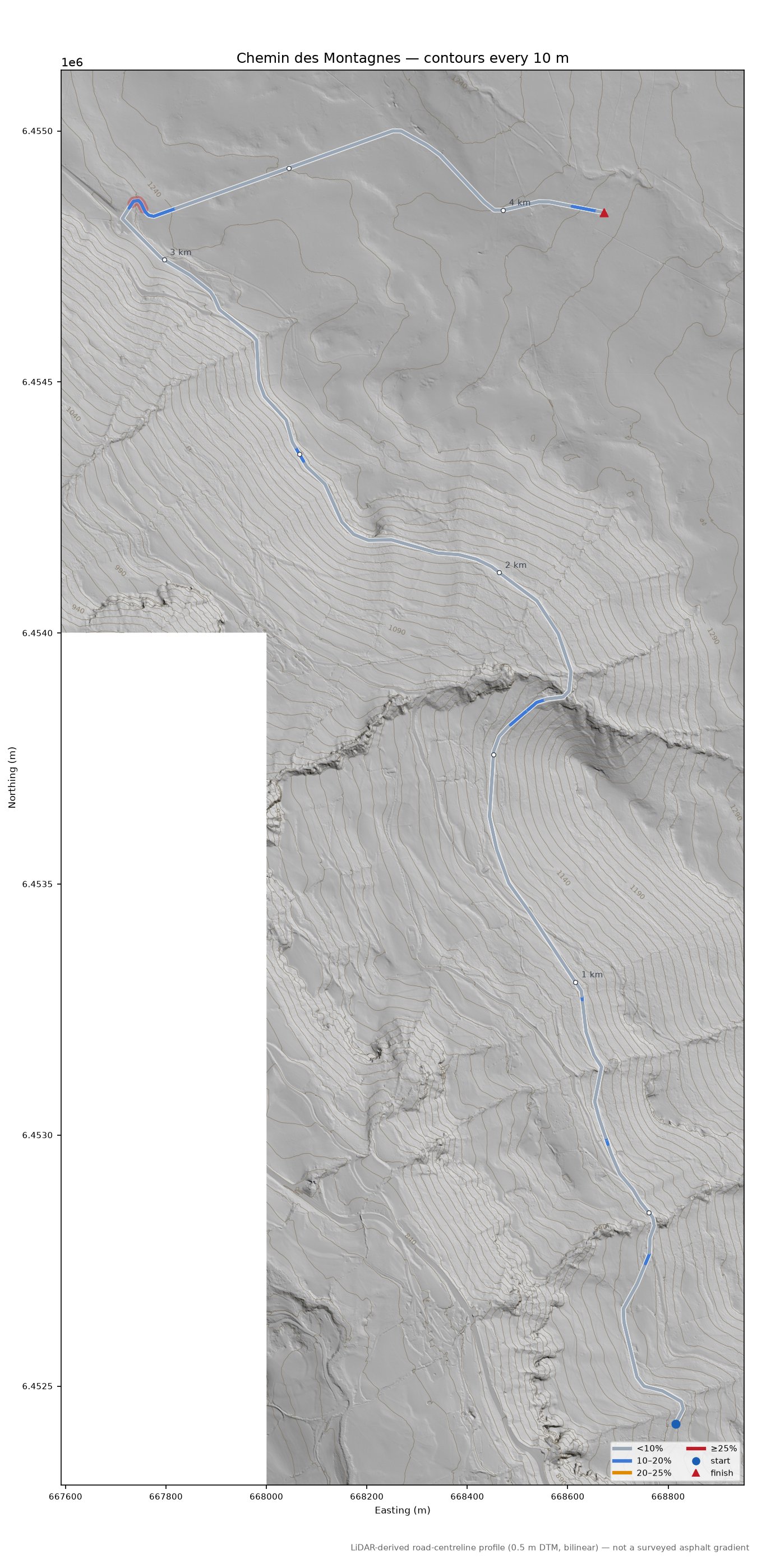 Chemin des Montagnes LiDAR hillshade map with contours