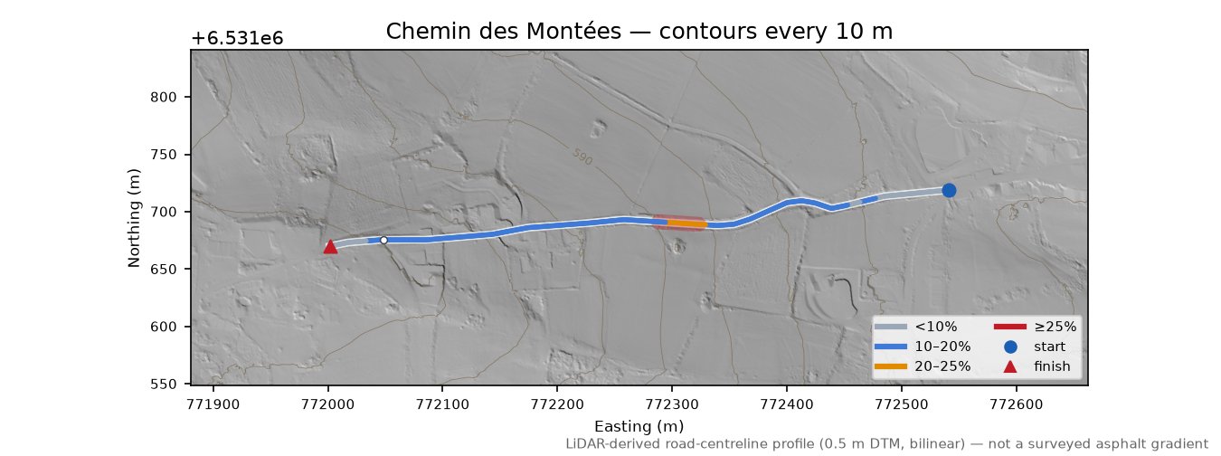 Chemin des Montées LiDAR hillshade map with contours