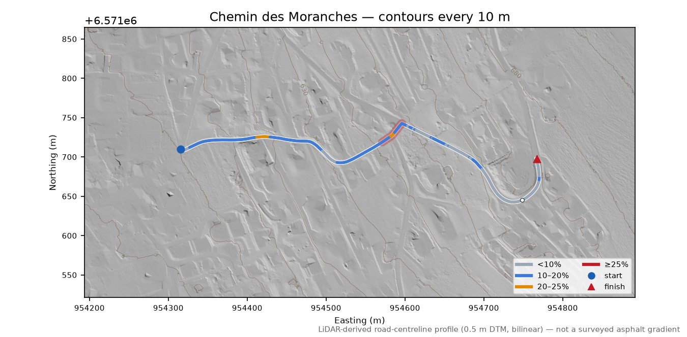 Chemin des Moranches LiDAR hillshade map with contours