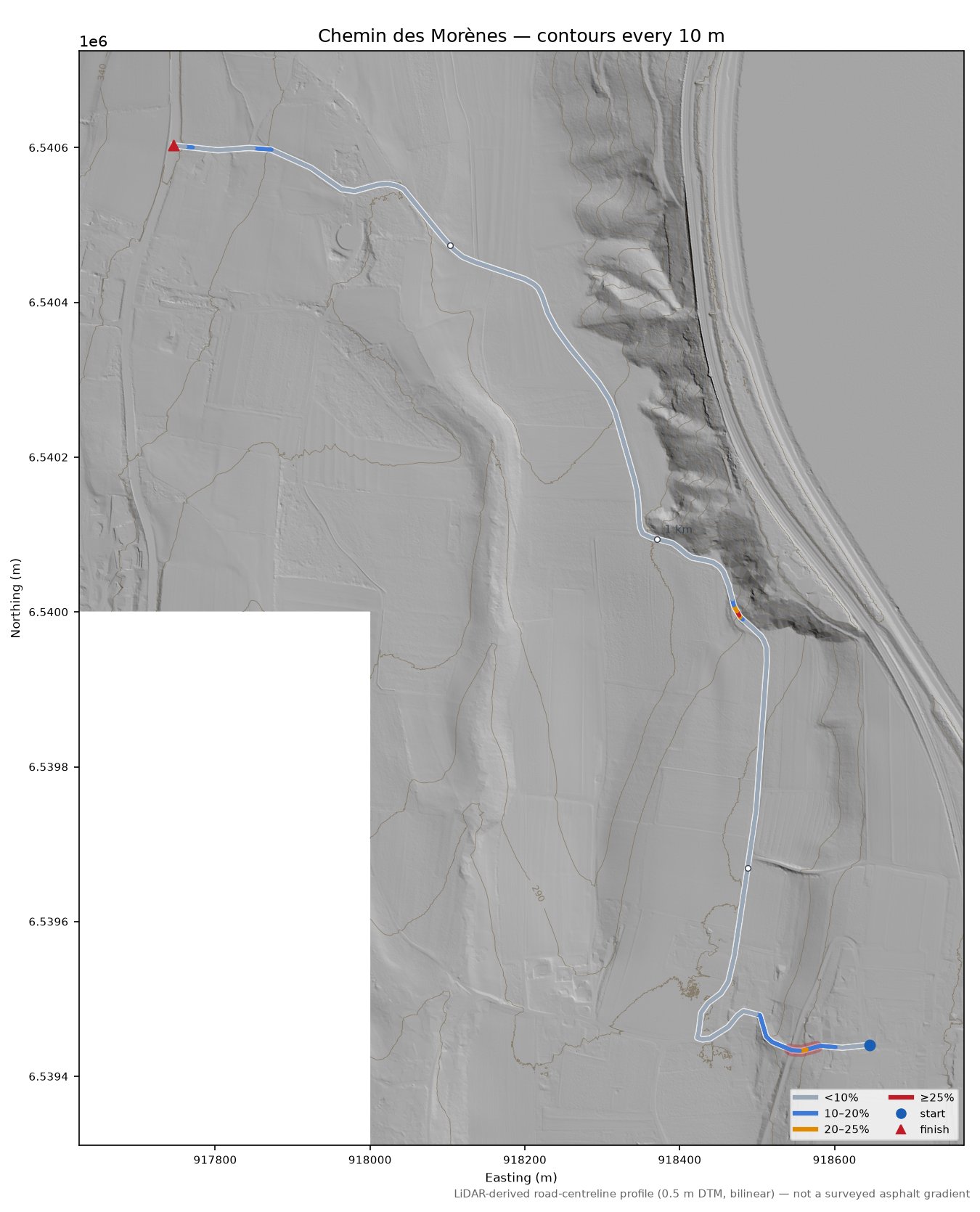 Chemin des Morènes LiDAR hillshade map with contours