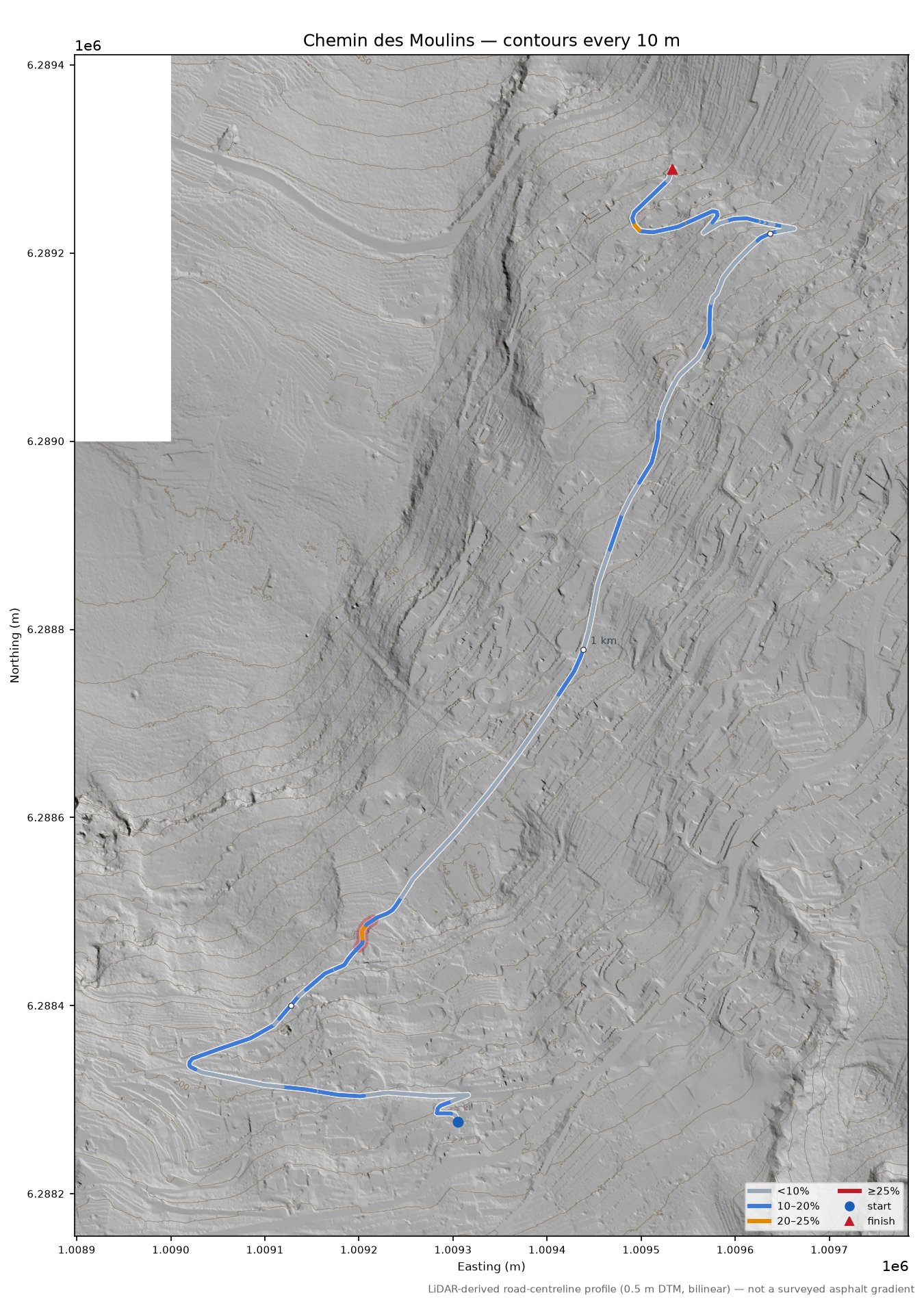 Chemin des Moulins LiDAR hillshade map with contours