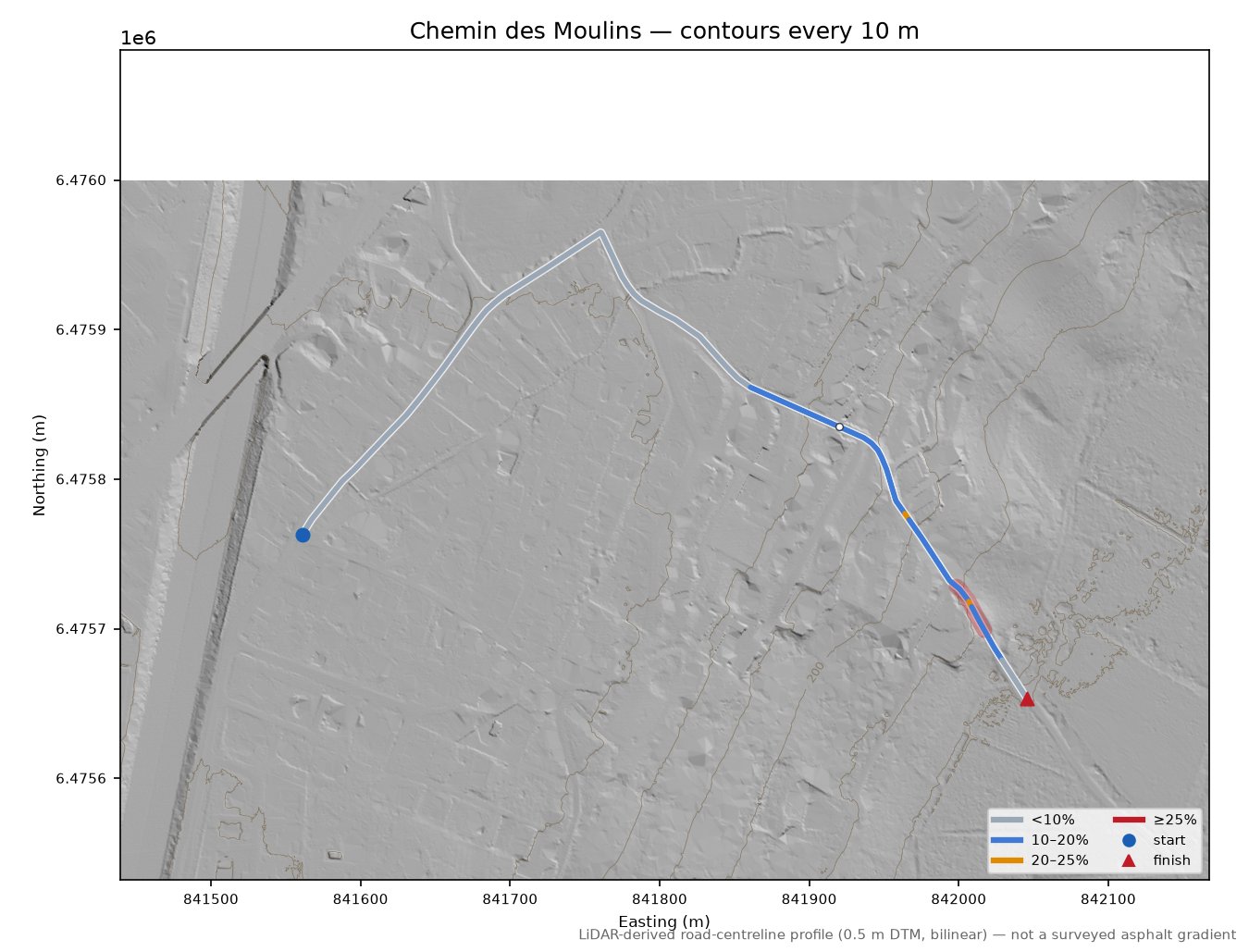 Chemin des Moulins LiDAR hillshade map with contours