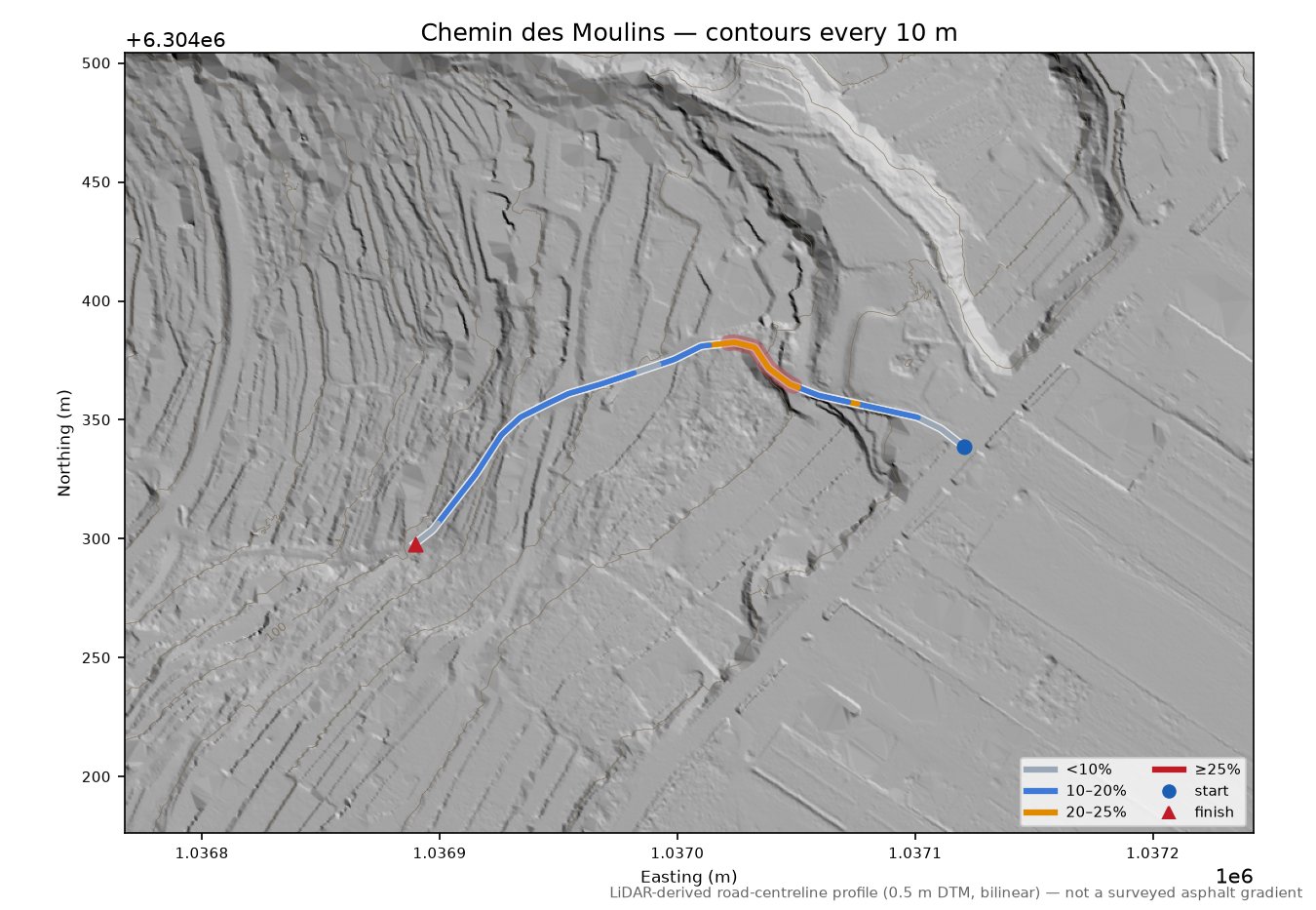 Chemin des Moulins LiDAR hillshade map with contours