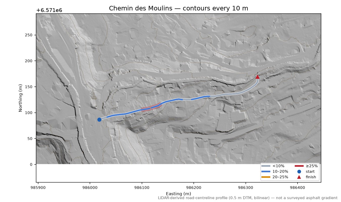 Chemin des Moulins LiDAR hillshade map with contours