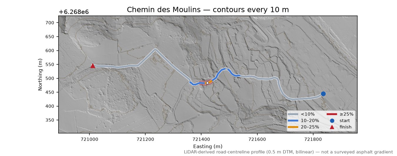 Chemin des Moulins LiDAR hillshade map with contours