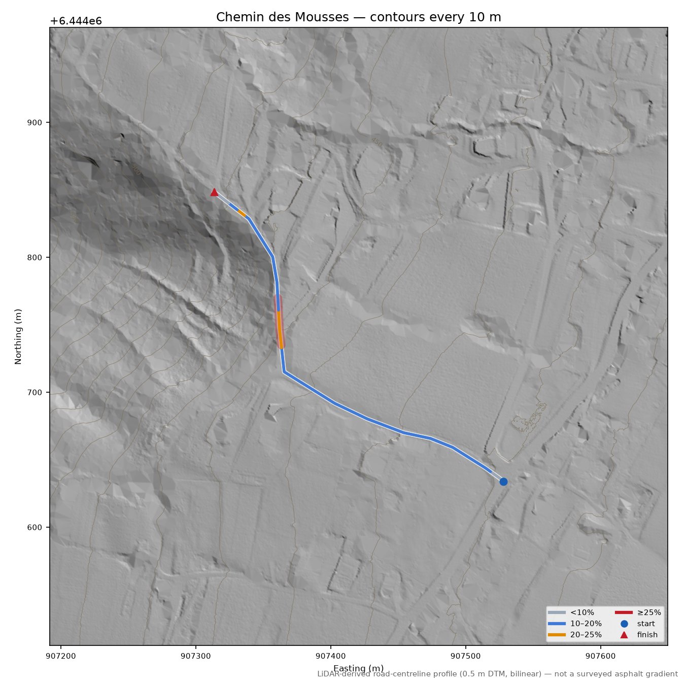 Chemin des Mousses LiDAR hillshade map with contours