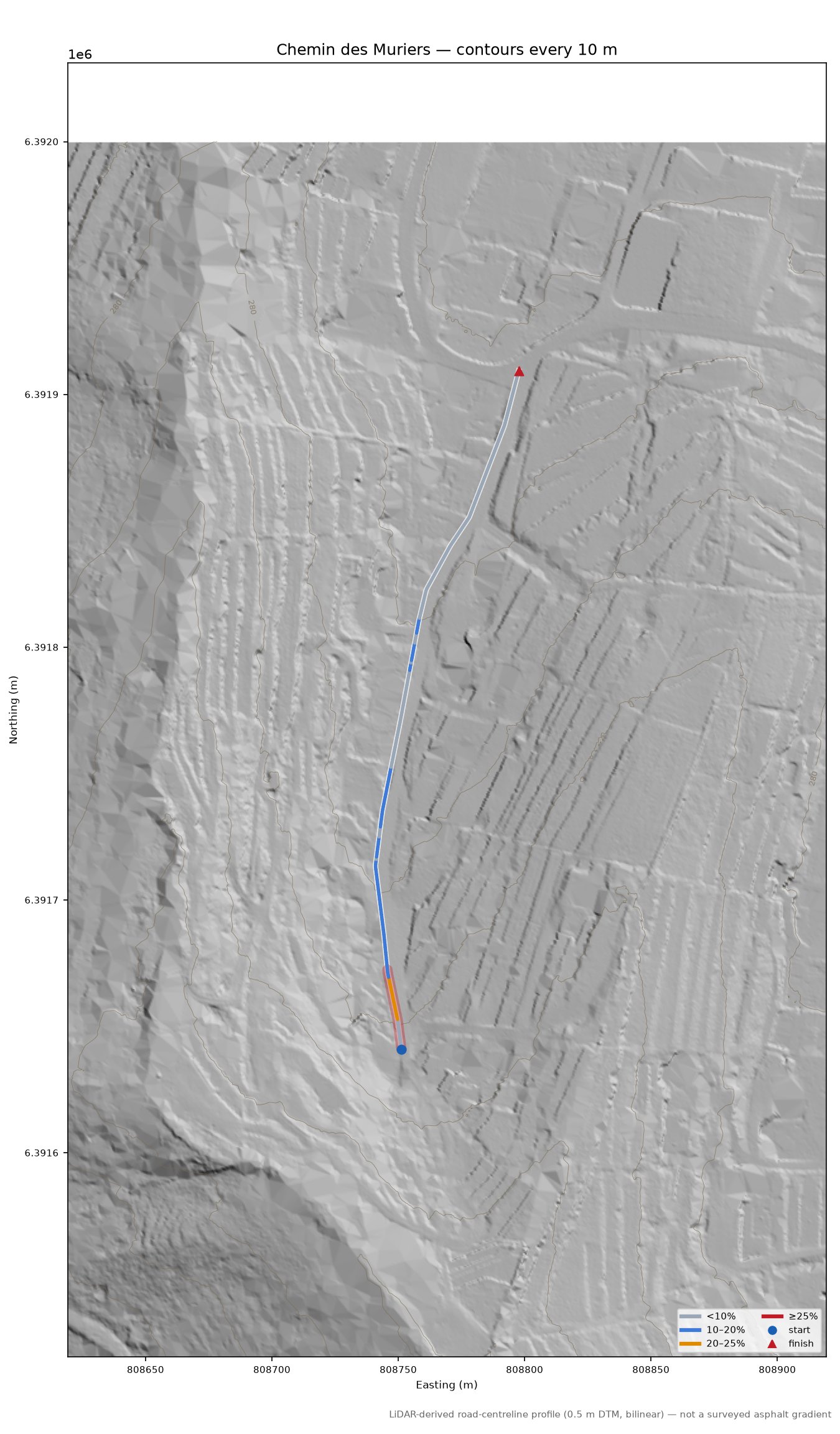 Chemin des Muriers LiDAR hillshade map with contours