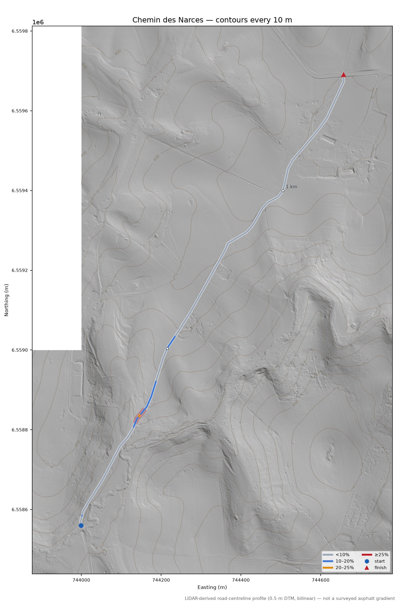 Chemin des Narces LiDAR hillshade map with contours