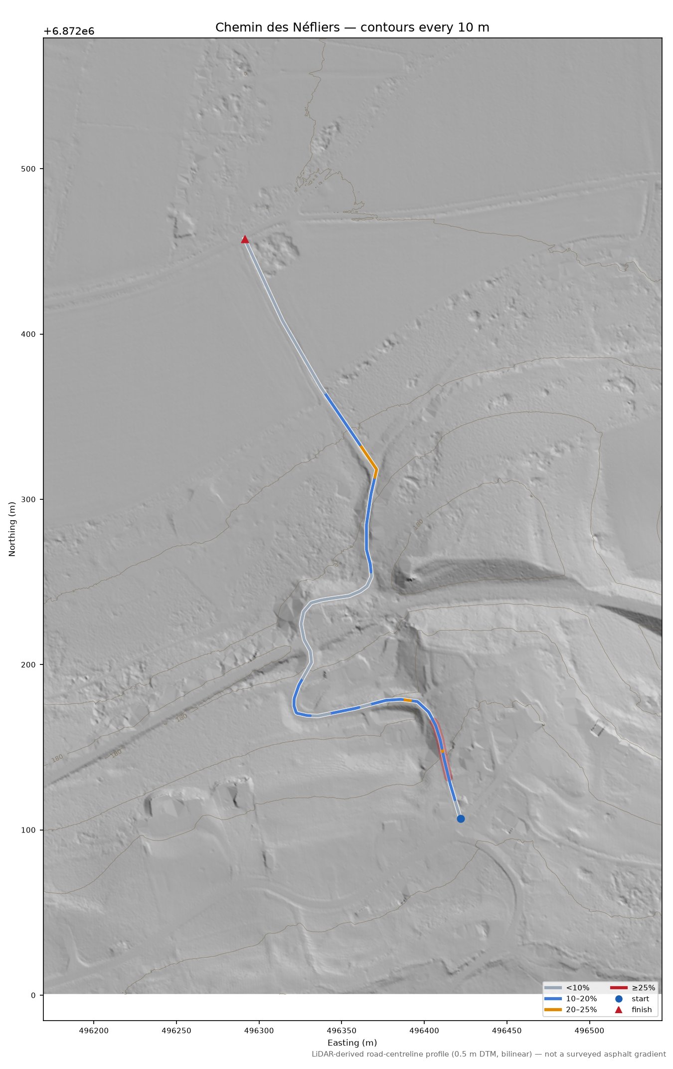 Chemin des Néfliers LiDAR hillshade map with contours
