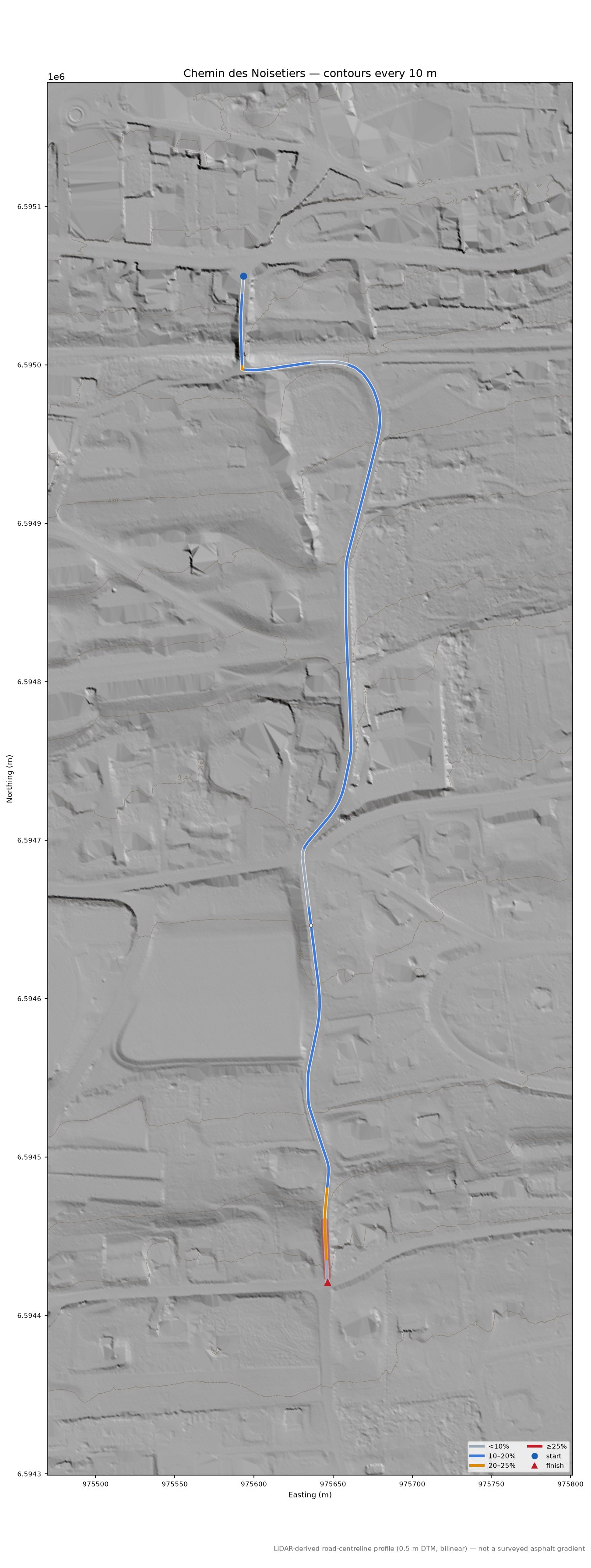 Chemin des Noisetiers LiDAR hillshade map with contours