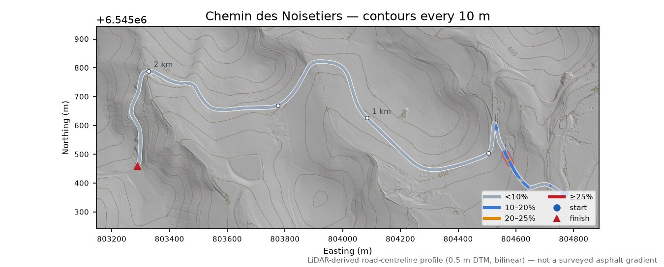 Chemin des Noisetiers LiDAR hillshade map with contours