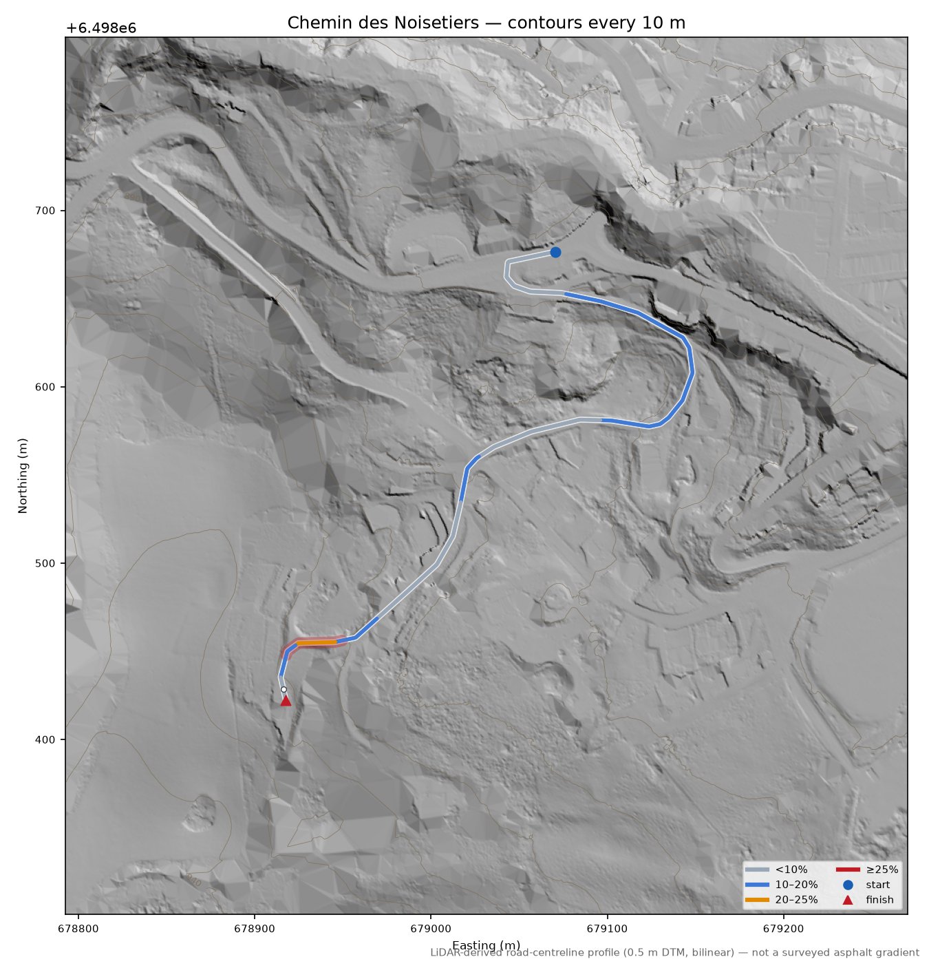 Chemin des Noisetiers LiDAR hillshade map with contours