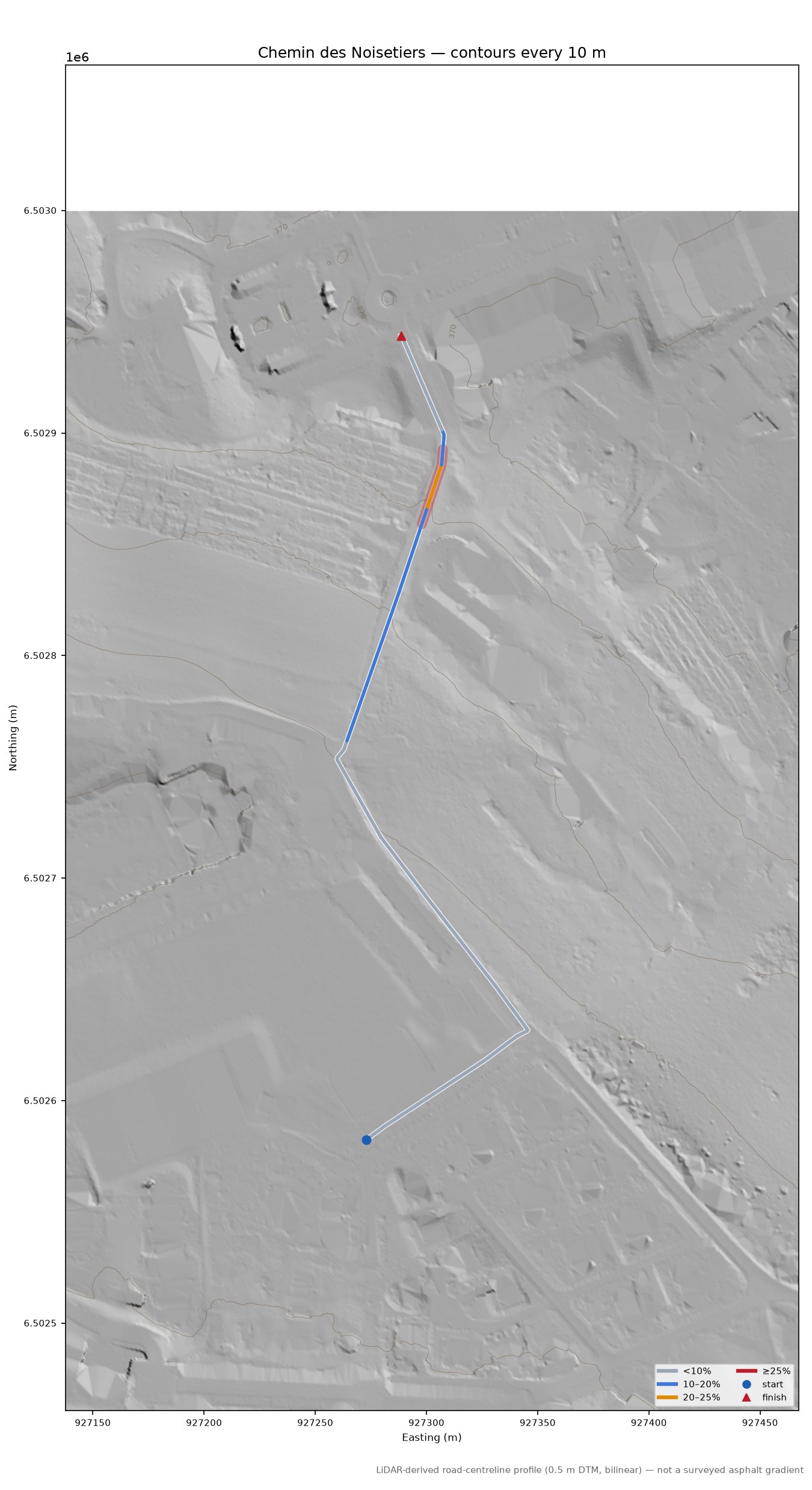 Chemin des Noisetiers LiDAR hillshade map with contours