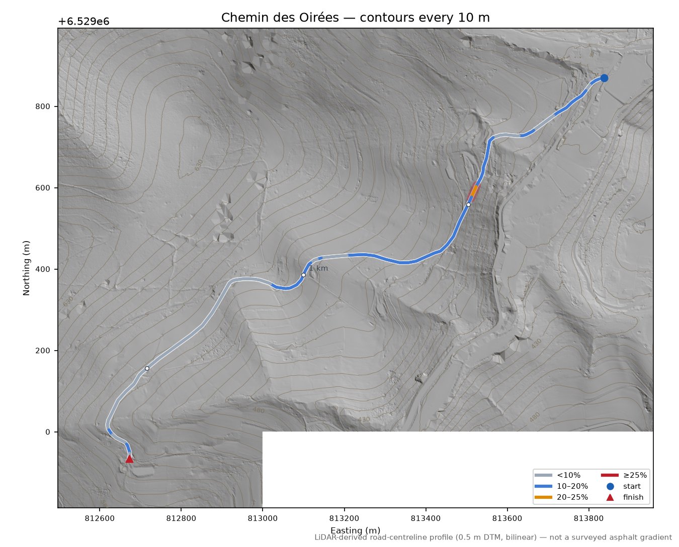 Chemin des Oirées LiDAR hillshade map with contours