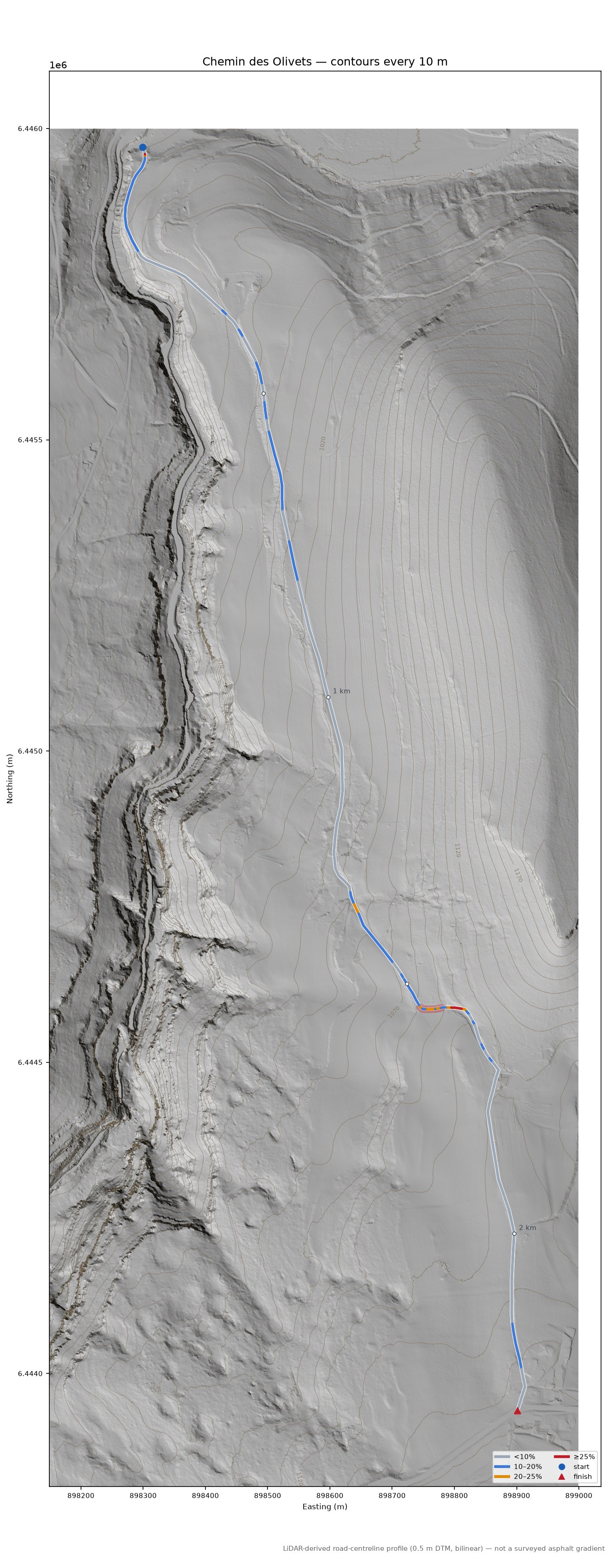 Chemin des Olivets LiDAR hillshade map with contours