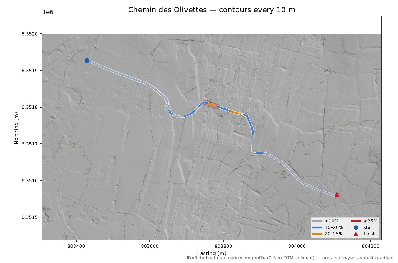 Chemin des Olivettes LiDAR hillshade map with contours