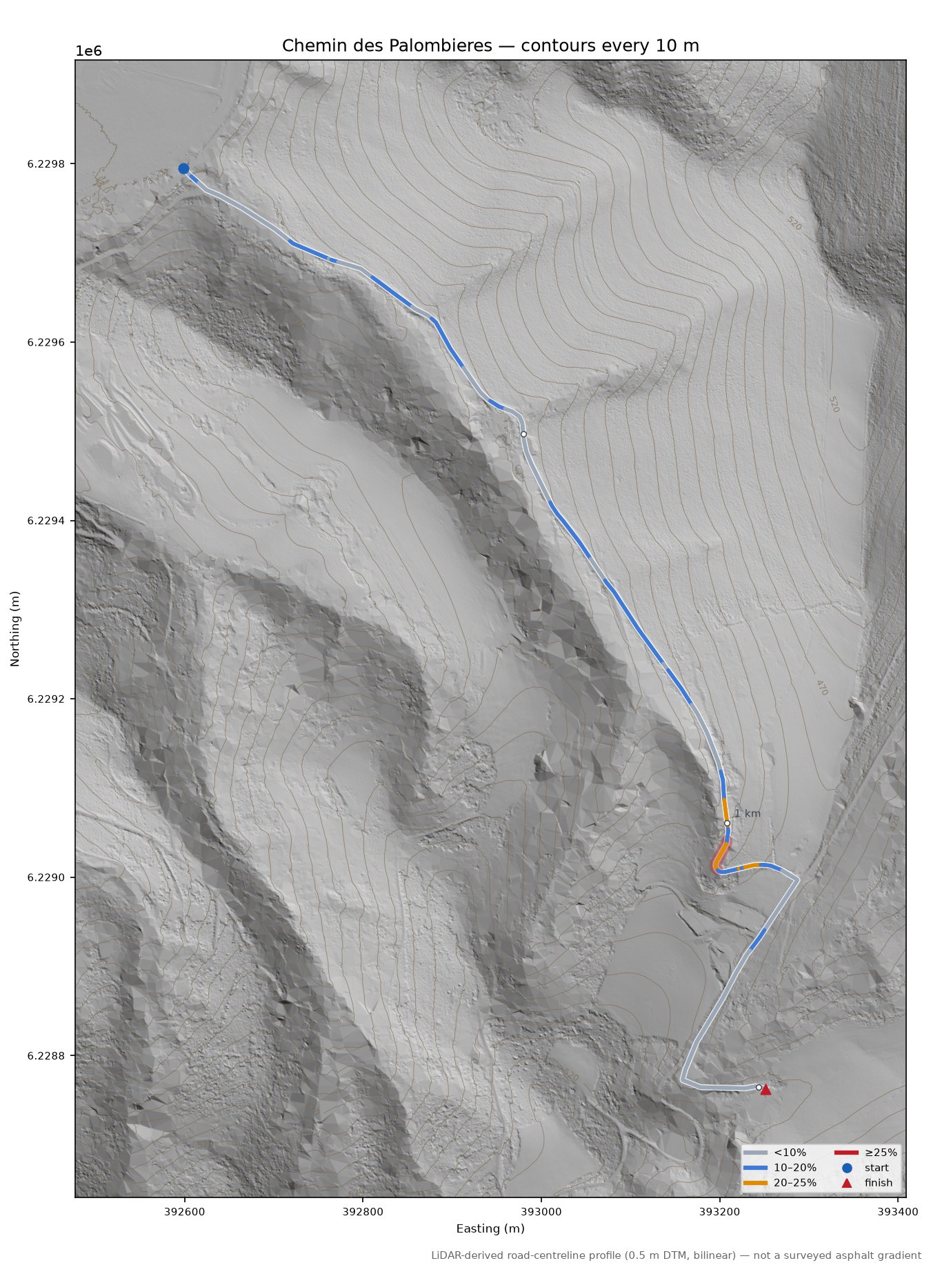 Chemin des Palombieres LiDAR hillshade map with contours