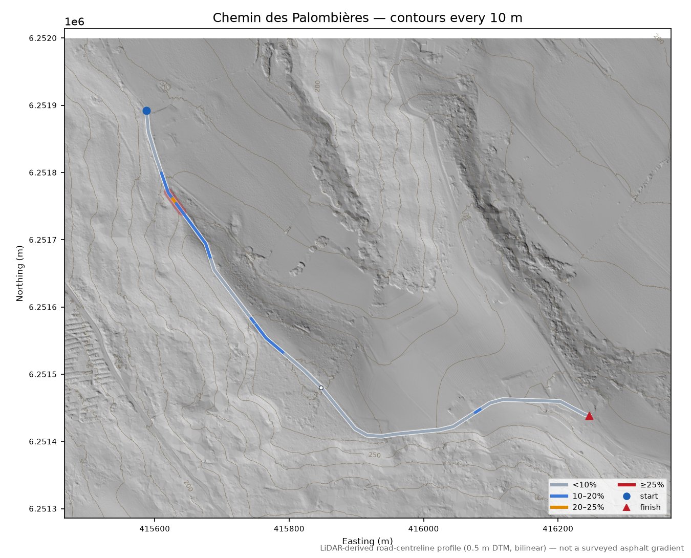 Chemin des Palombières LiDAR hillshade map with contours