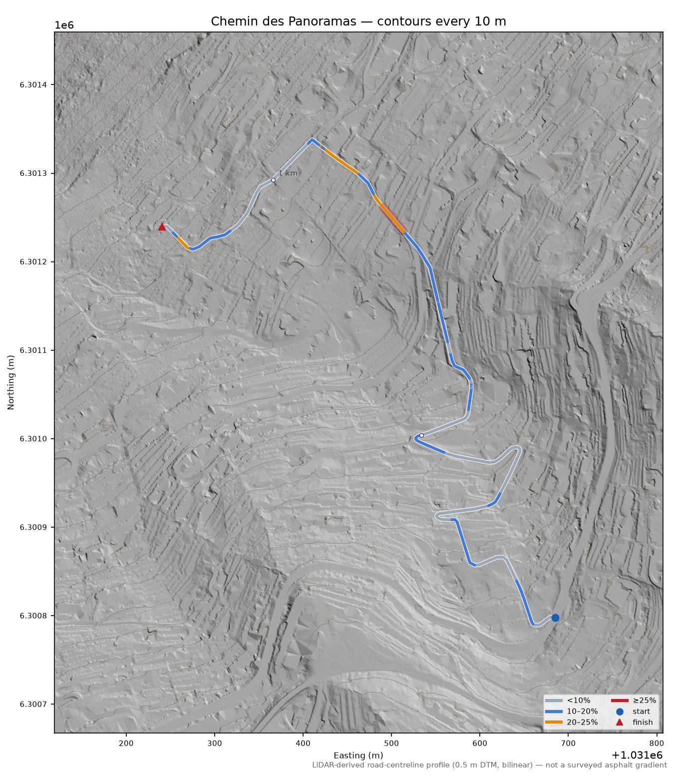 Chemin des Panoramas LiDAR hillshade map with contours