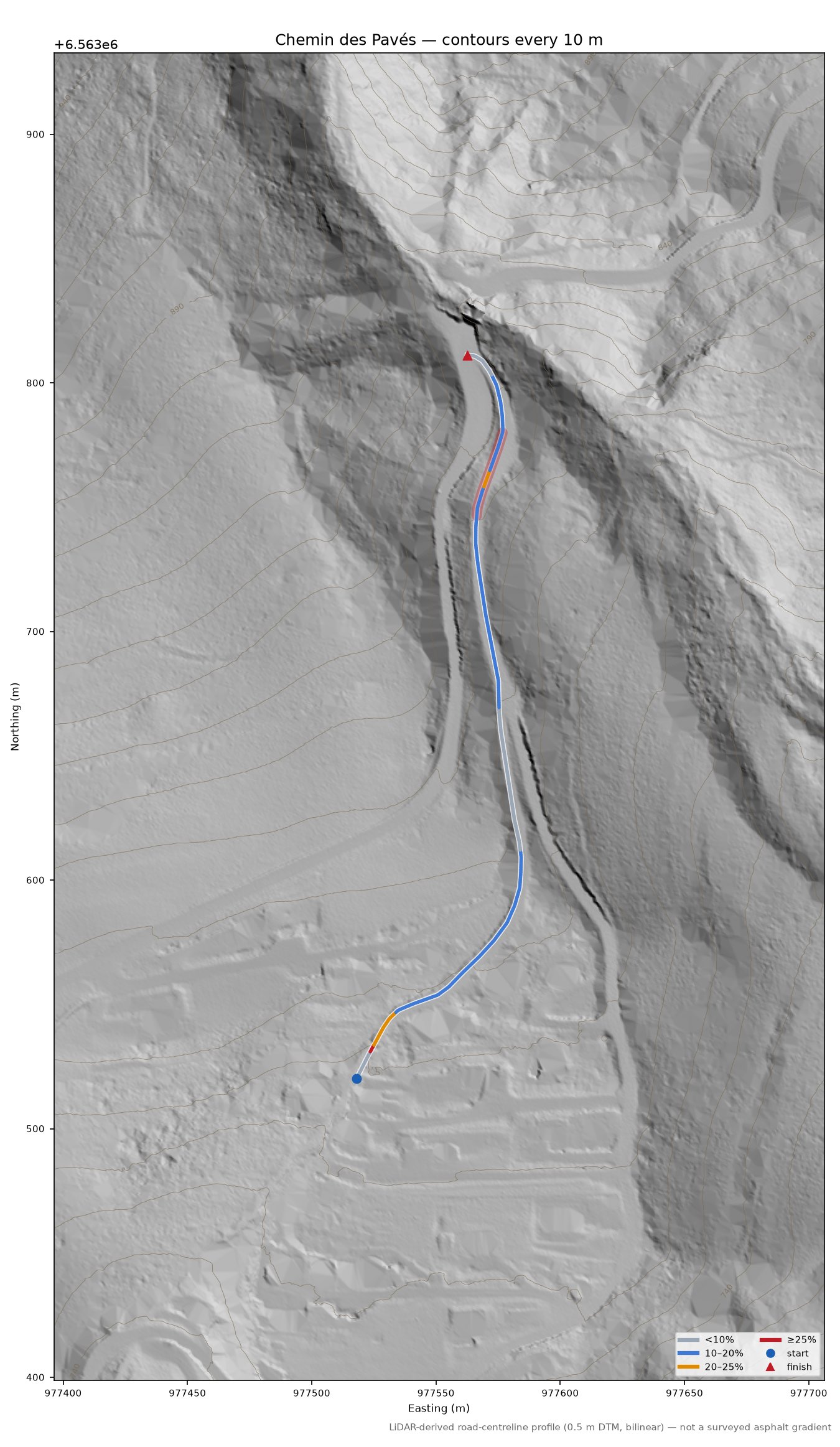 Chemin des Pavés LiDAR hillshade map with contours