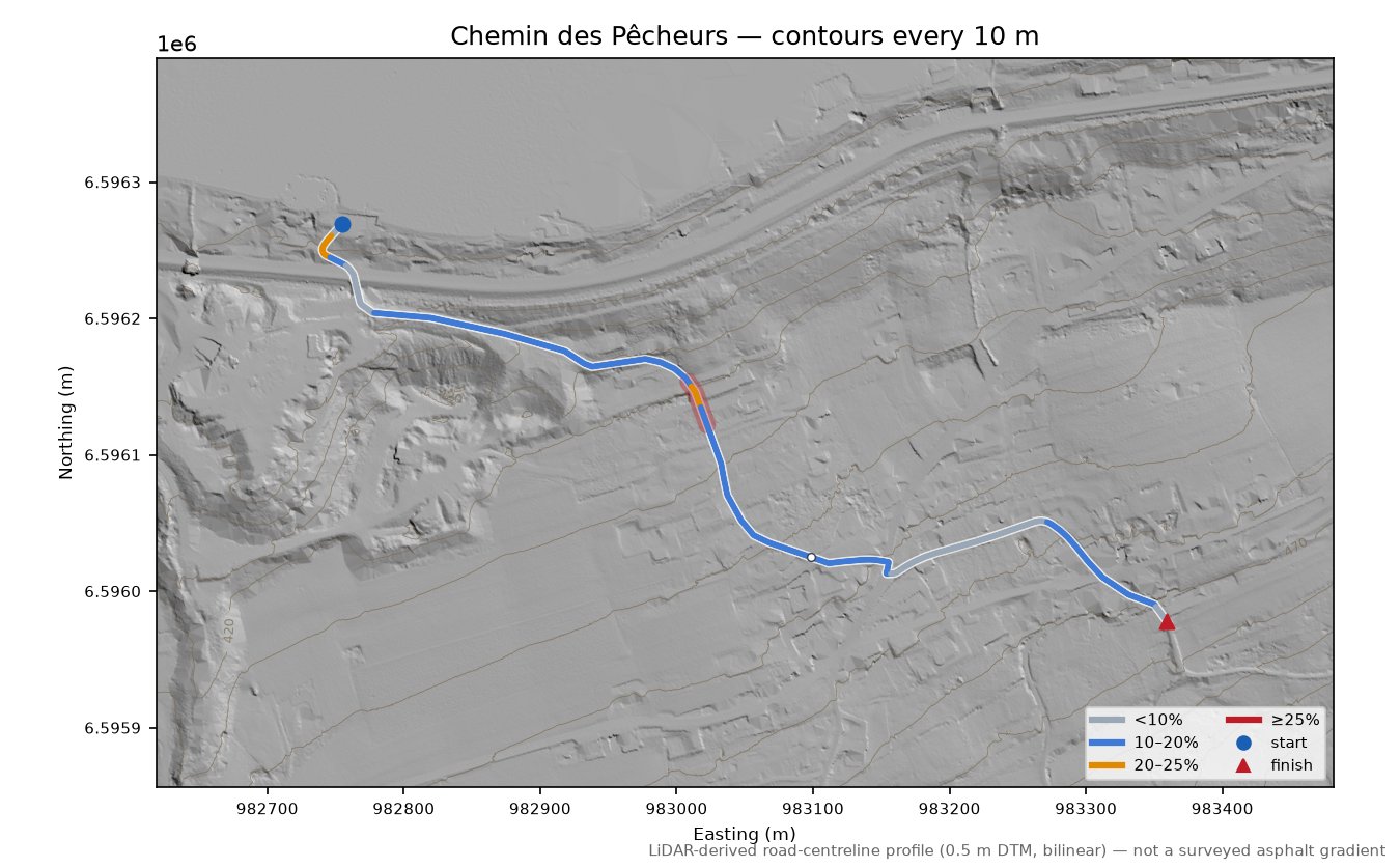 Chemin des Pêcheurs LiDAR hillshade map with contours