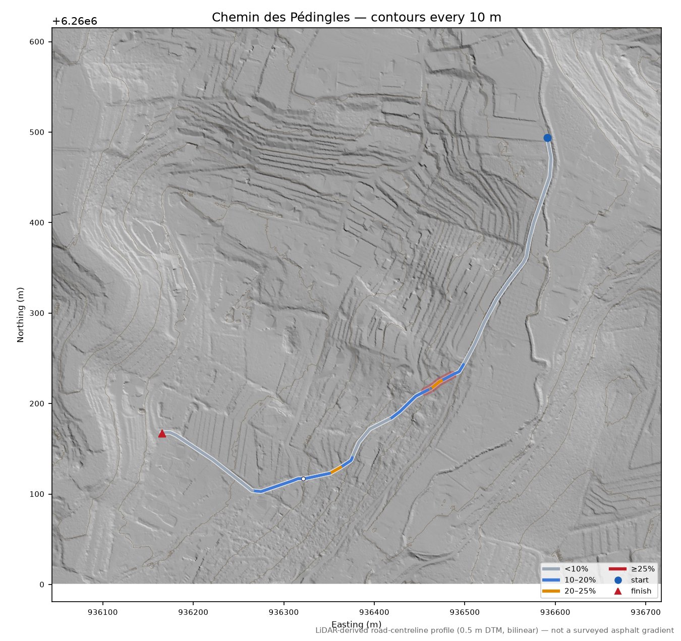Chemin des Pédingles LiDAR hillshade map with contours