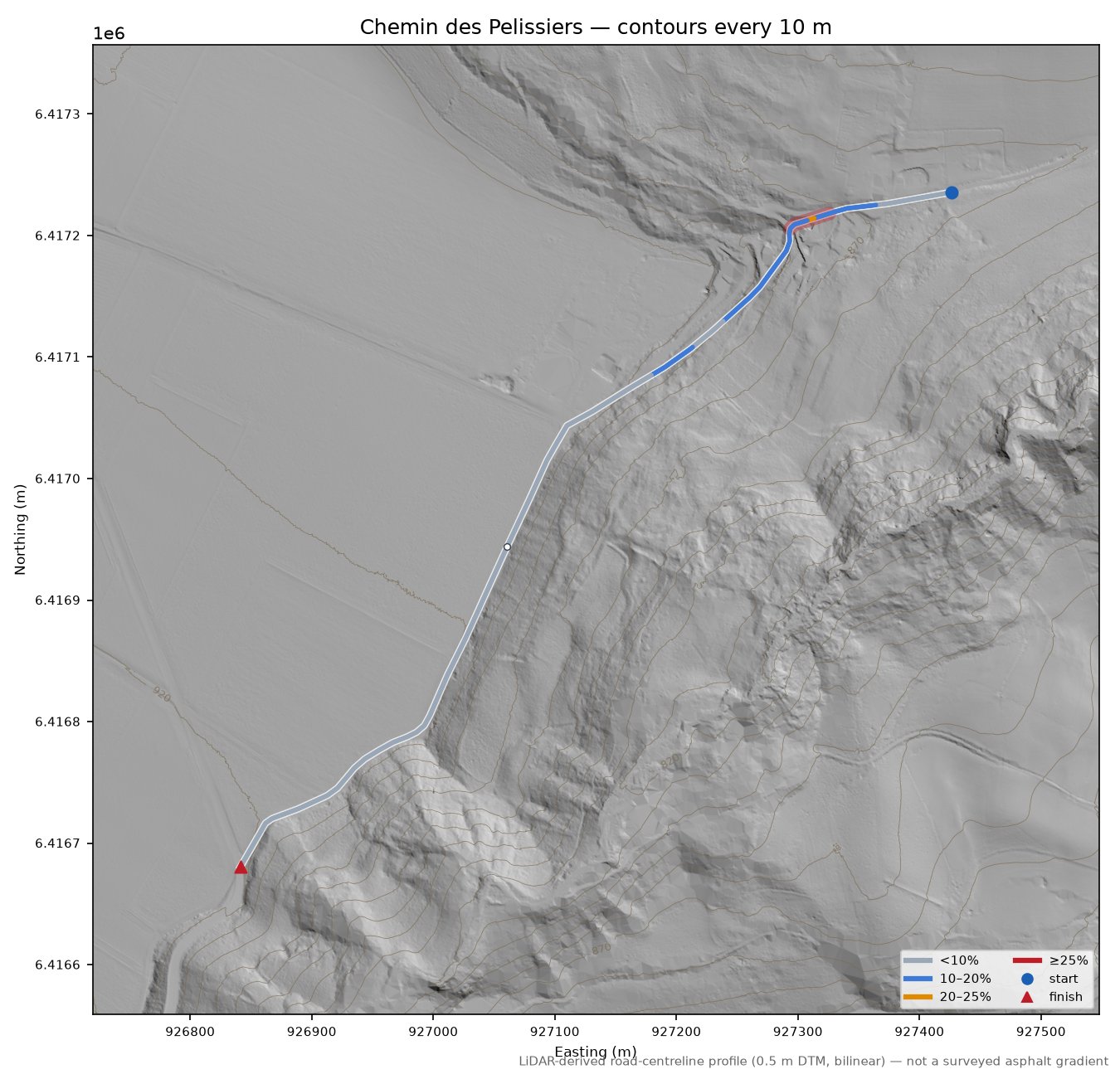 Chemin des Pelissiers LiDAR hillshade map with contours
