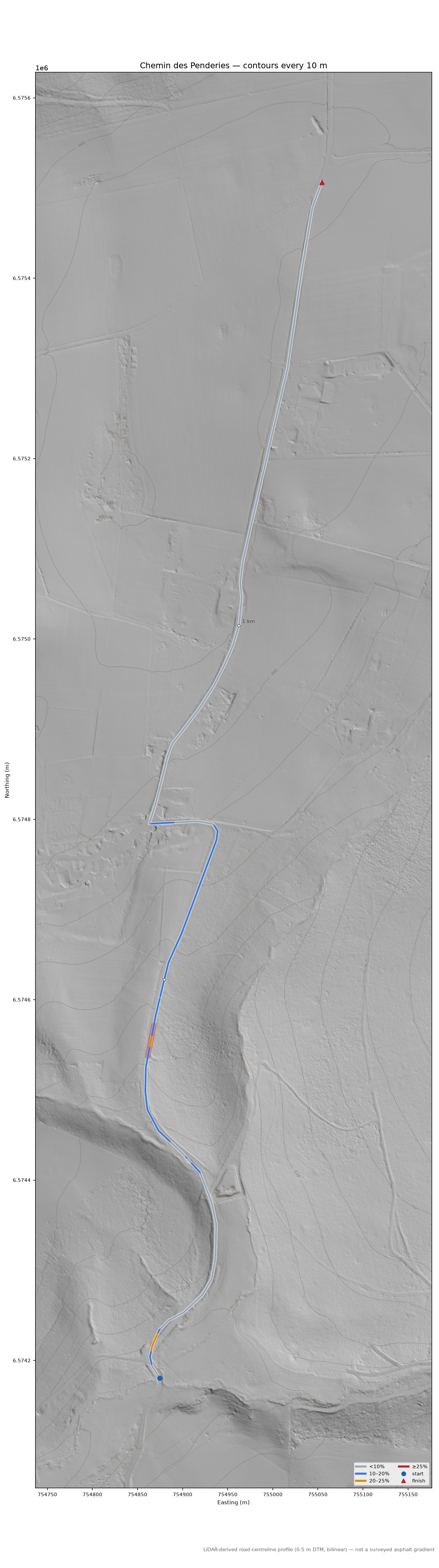 Chemin des Penderies LiDAR hillshade map with contours