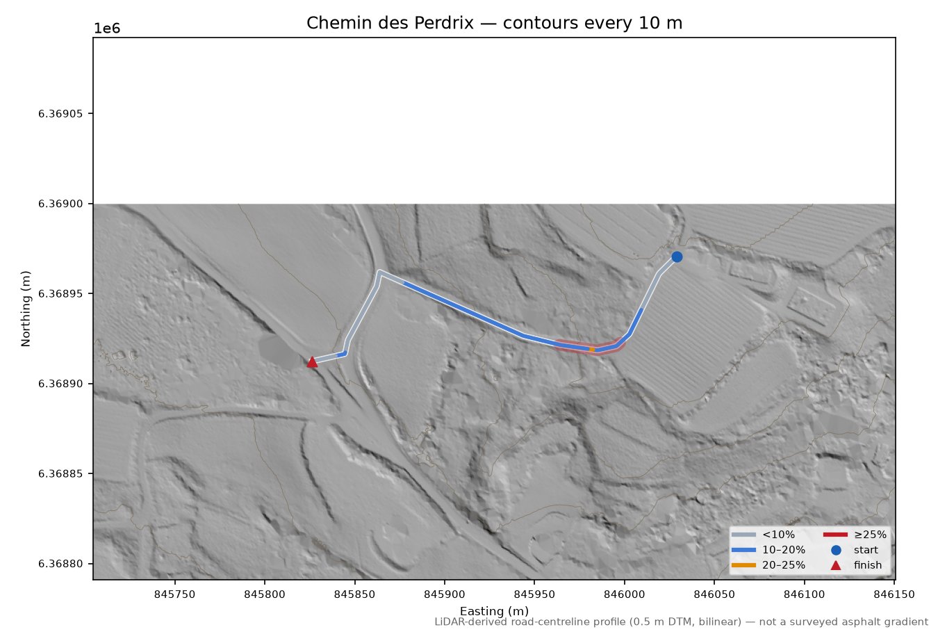 Chemin des Perdrix LiDAR hillshade map with contours