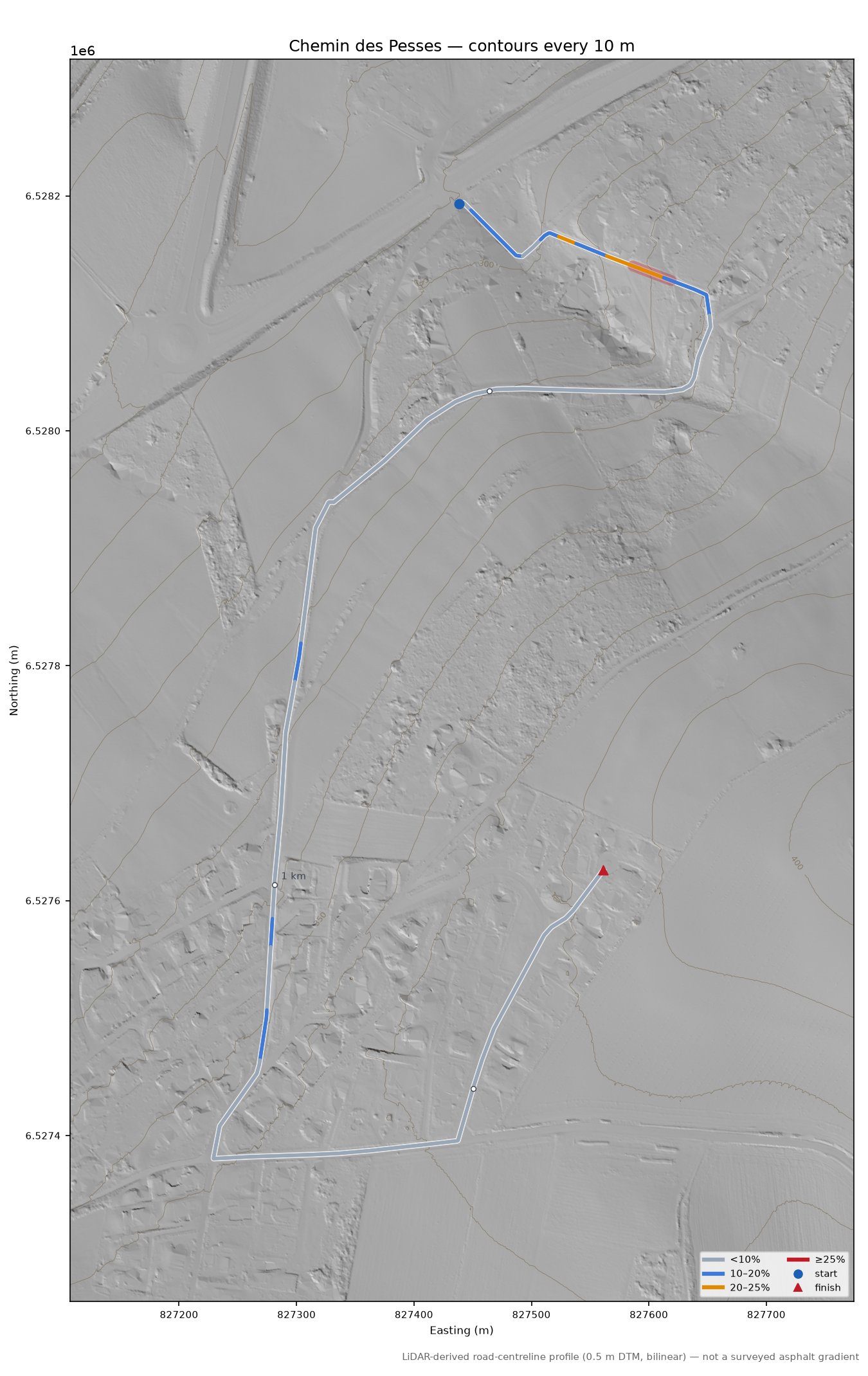 Chemin des Pesses LiDAR hillshade map with contours