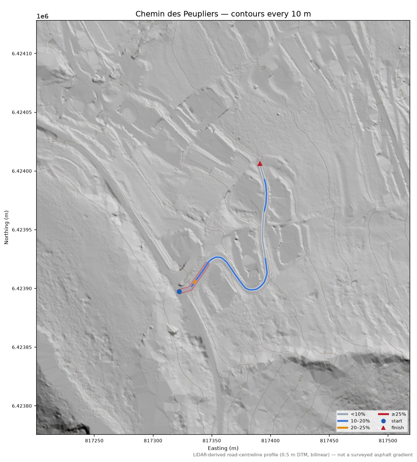 Chemin des Peupliers LiDAR hillshade map with contours