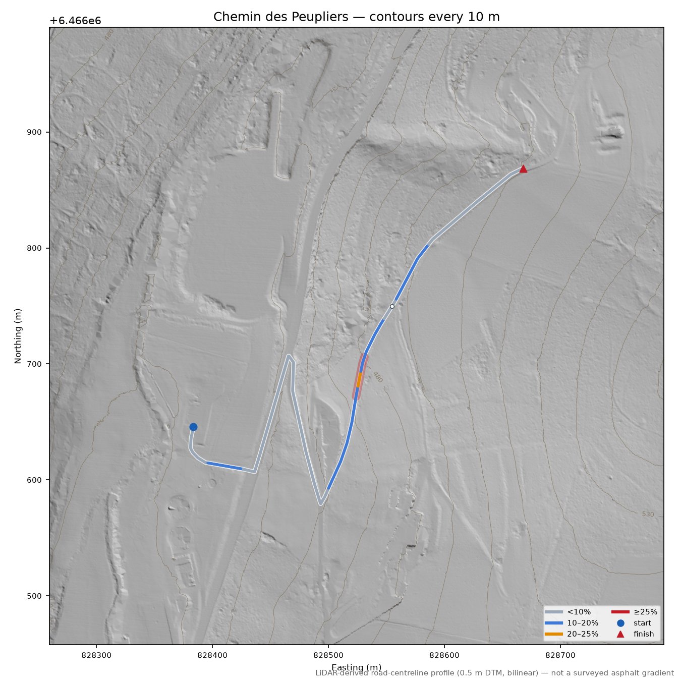 Chemin des Peupliers LiDAR hillshade map with contours