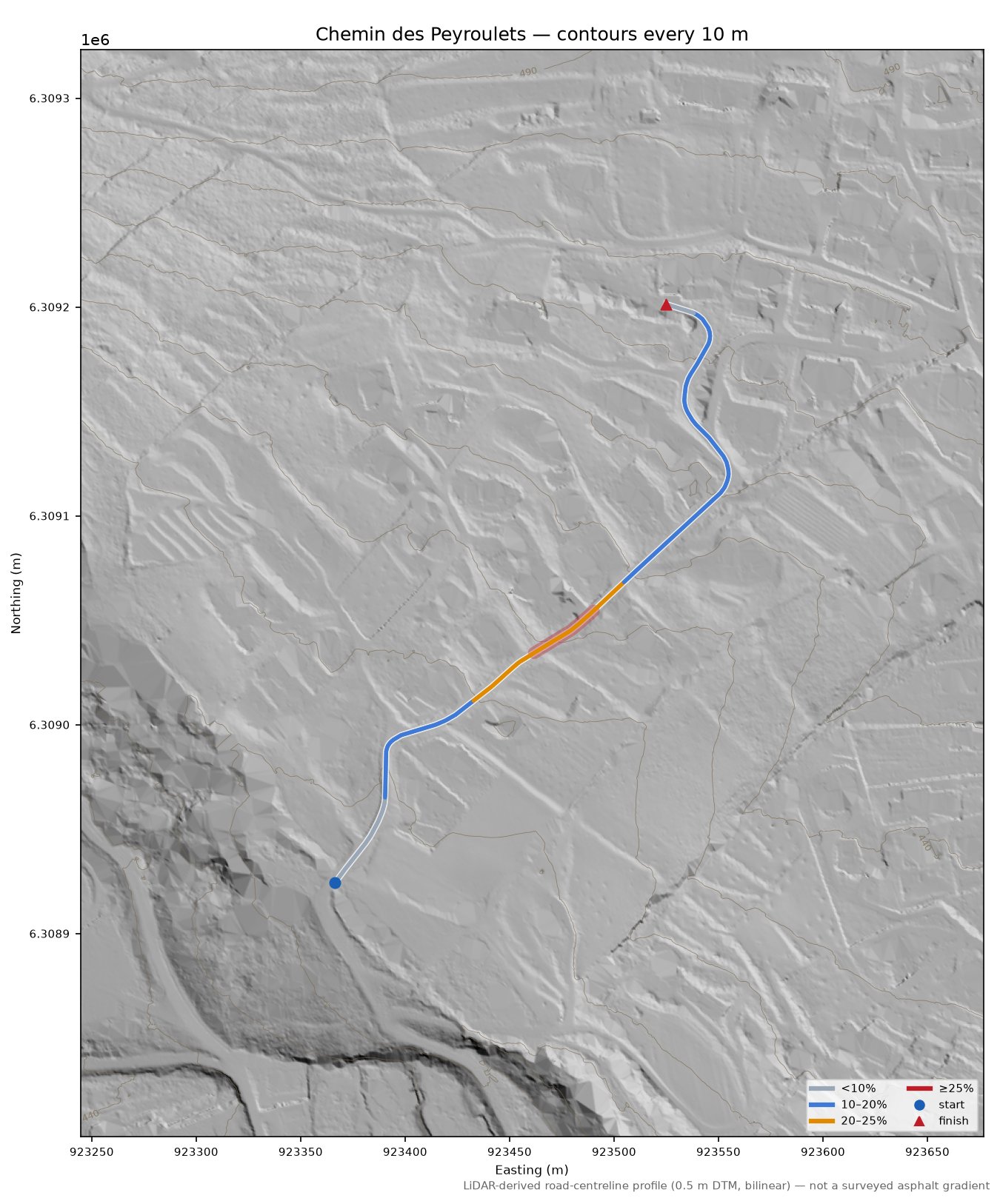 Chemin des Peyroulets LiDAR hillshade map with contours