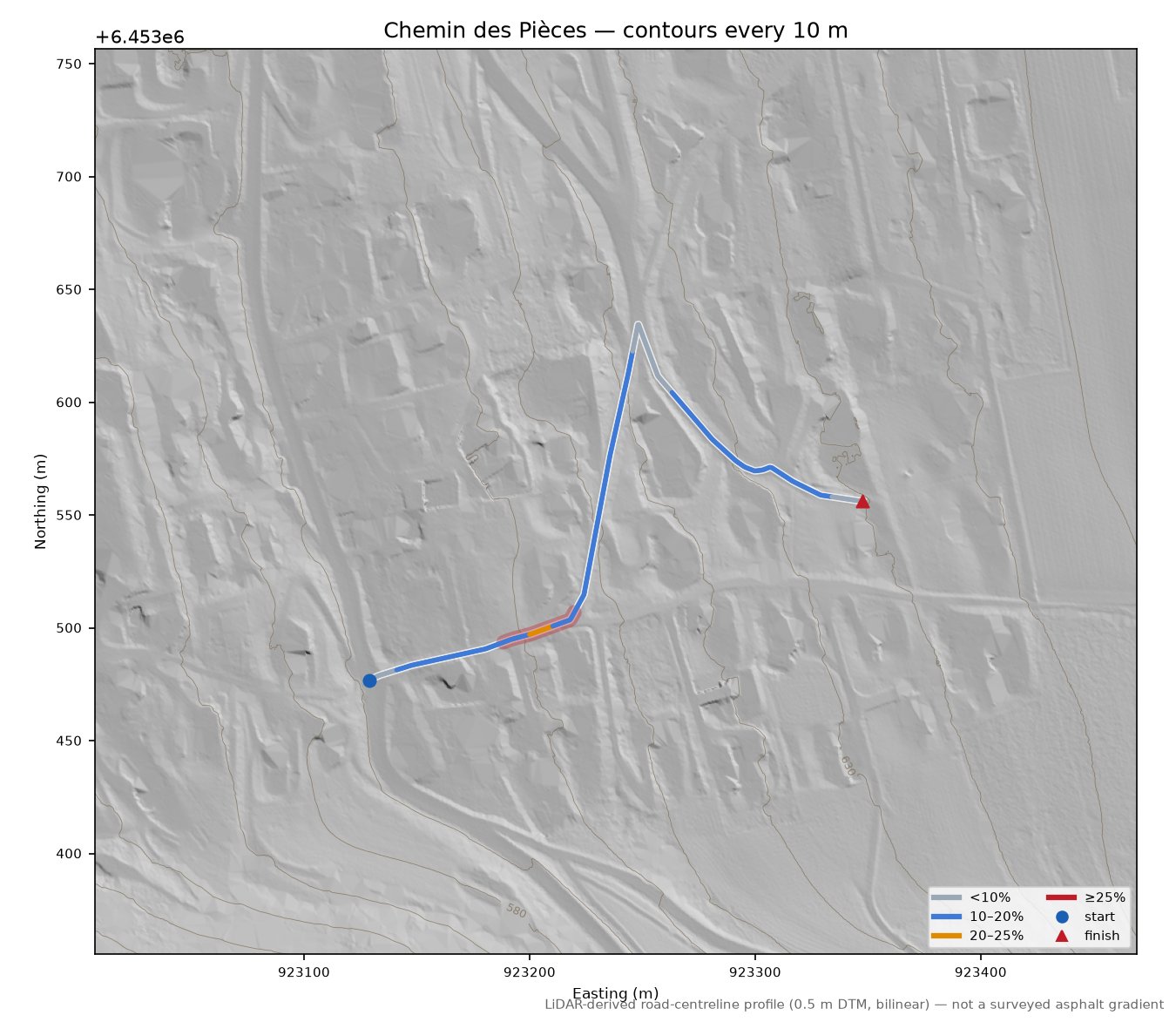 Chemin des Pièces LiDAR hillshade map with contours